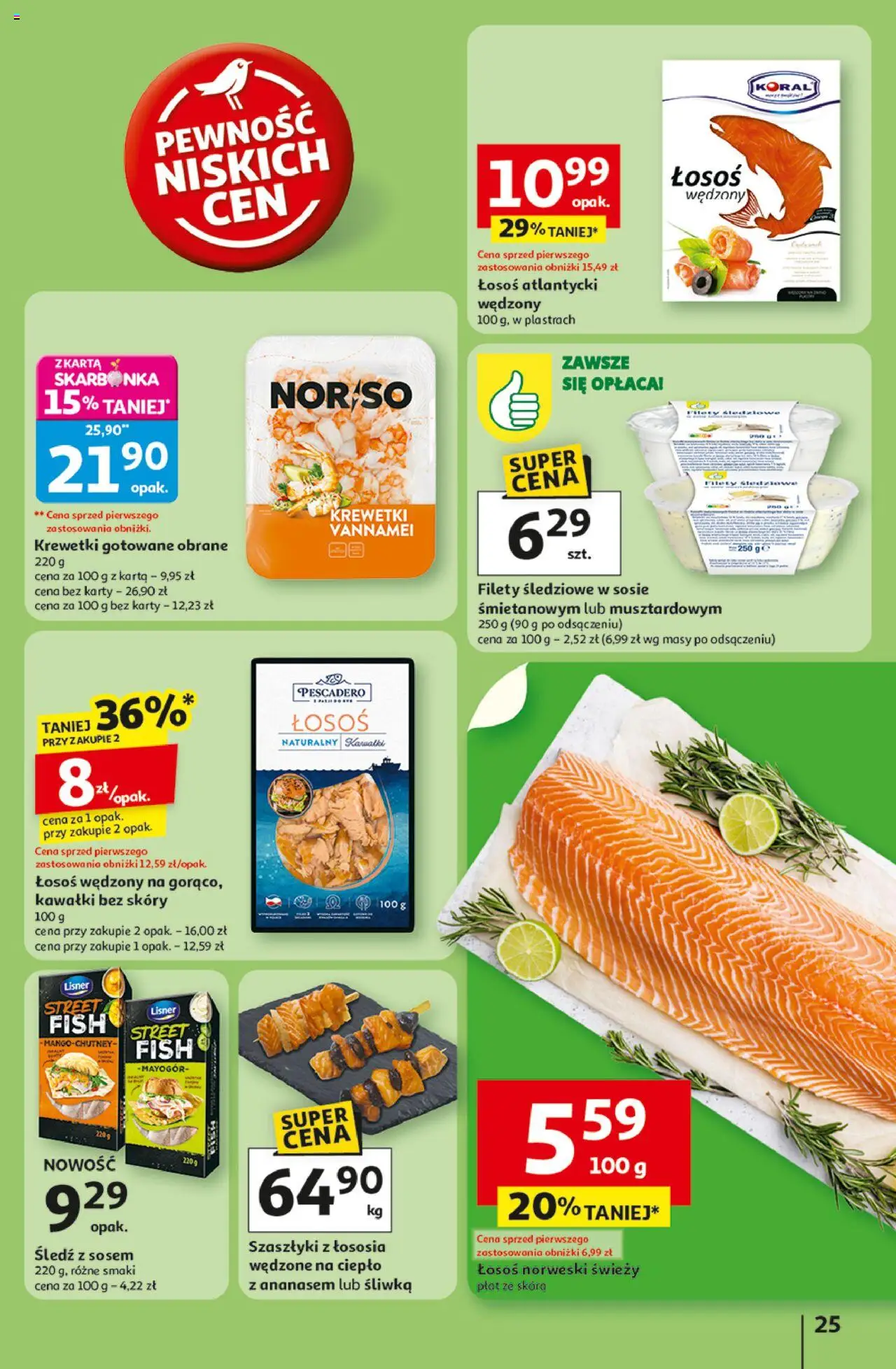 Auchan Gazetka - Pewność niskich cen Hipermarket od 07.08.2025 | Strona: 25 | Produkty: Łosoś wędzony, Filety śledziowe w sosie śmietanowym, Łosoś norweski, Krewetki gotowane