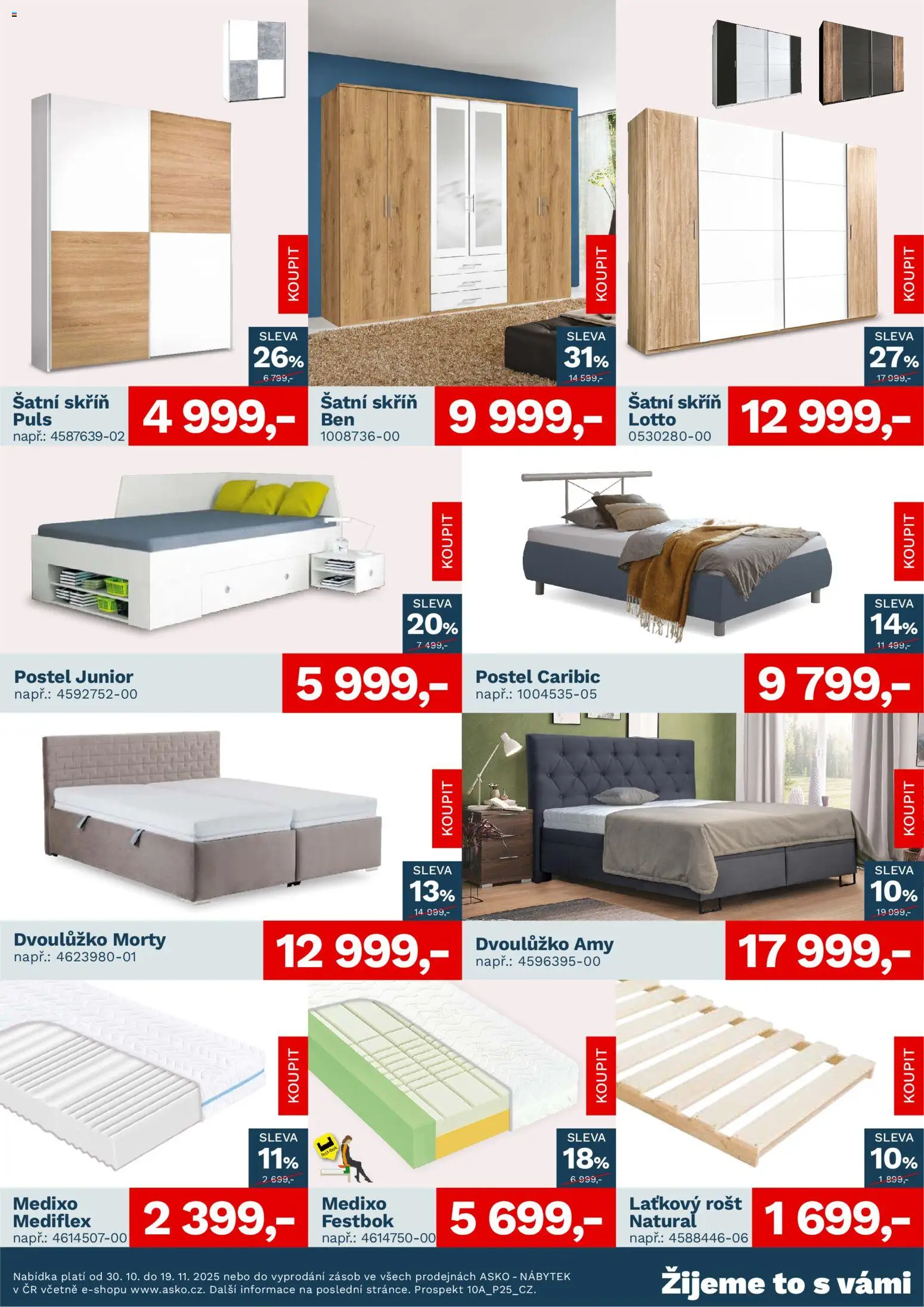 ASKO nábytek leták od 30.10.2025 | Strana: 3 | Produkty: Postel, Šatní skříň, Rošt, Skříň