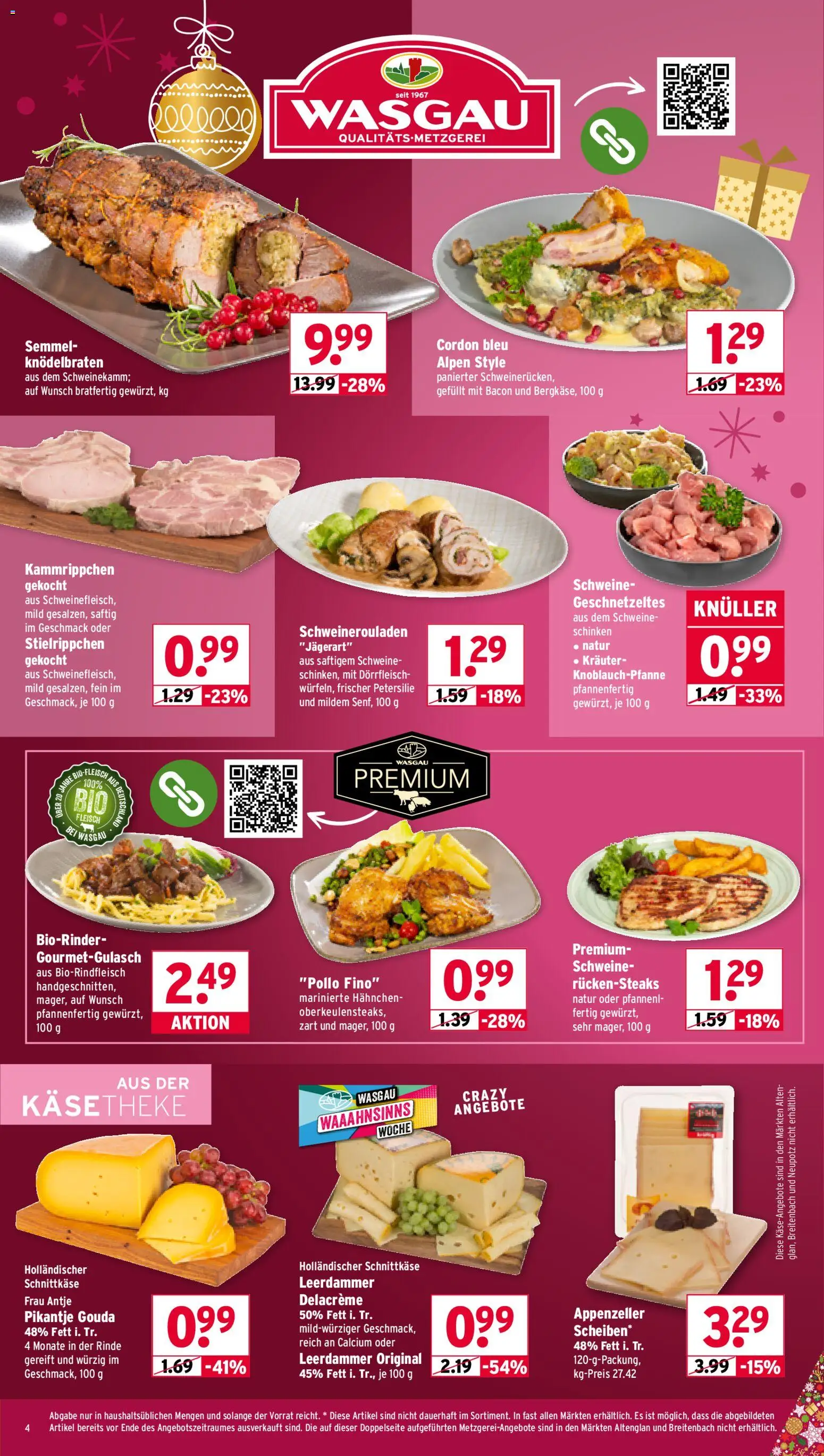 Wasgau Prospekt 	 – gültig ab 01.12.2025 | Seite: 4 | Produkte: Gouda, Leerdammer, Schweinerucken, Schinken