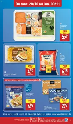 Aldi - Prévisualisation de Aldi catalogue semaine 44 valide à partir de 28.10.2025 | Page: 11 | Produits: Pêche, Emmental, Sushi, Pizza