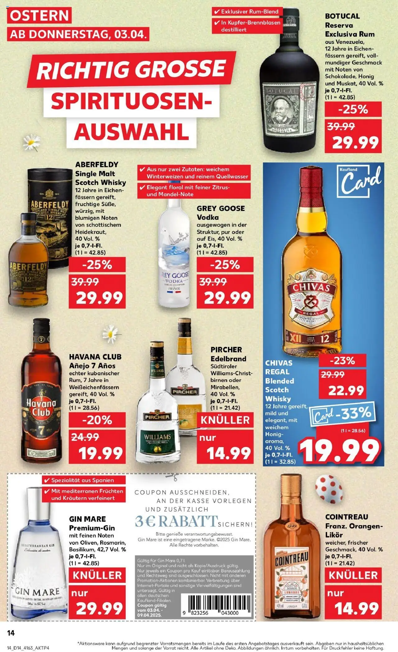 Kaufland - Dreieich-Sprendlingen, Robert-Bosch-Straße 15 - gültig ab dem 03.04.2025 | Seite: 14 | Produkte: Whisky, Regal, Likör, Rum