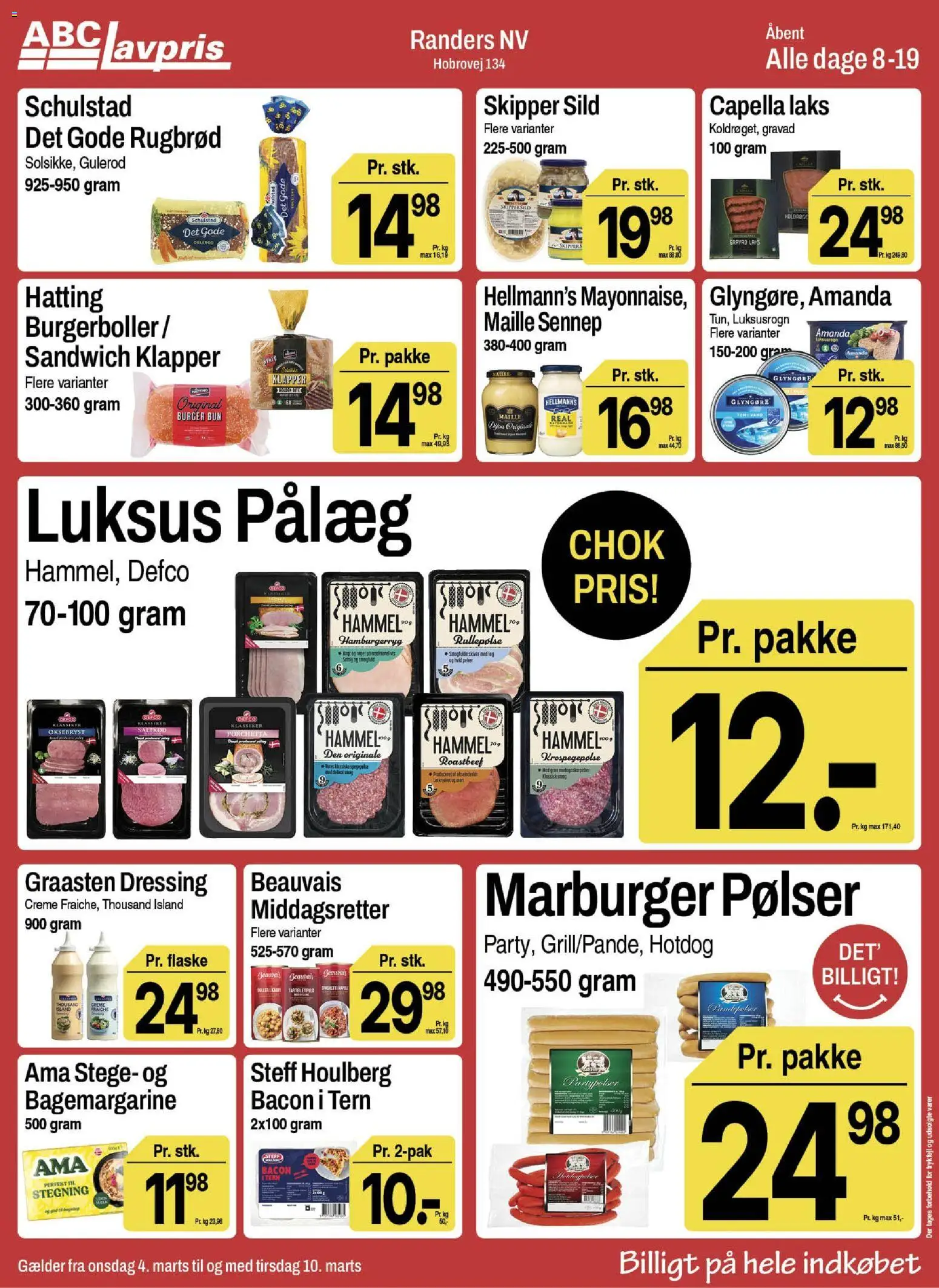 Abc Lavpris tilbudsavis – gyldig fra 04.03.2026 | Side: 4 | Produkter: Pålæg, Rullepølse, Burgerboller, Sild