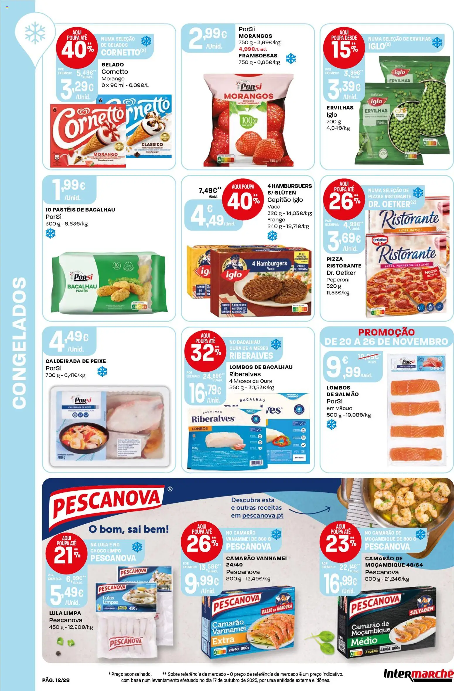 Intermarché Folheto Contact │ válido de 20.11.2025 | Página: 12 | Produtos: Frango, Camarão, Salmão, Morangos