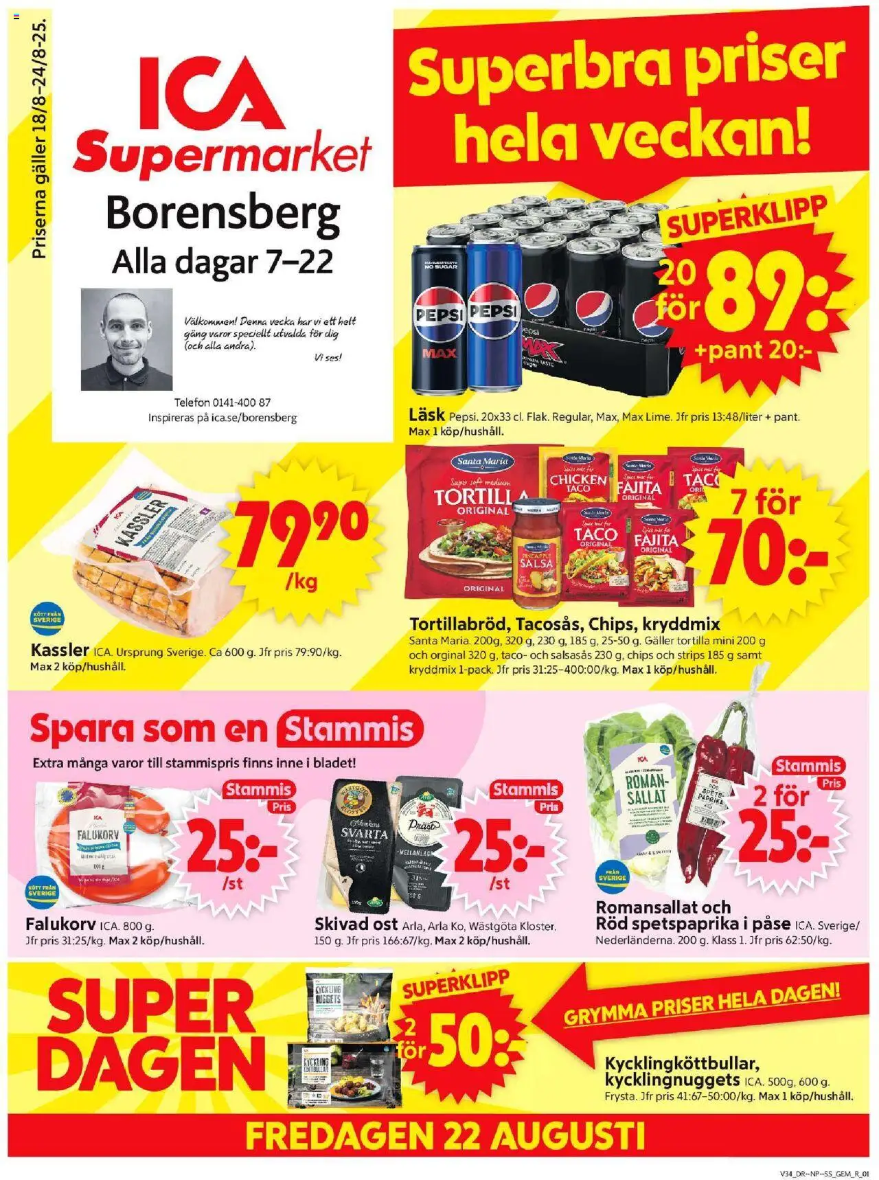 ICA Supermarket reklamblad aktuell från 18.08.2025 | Sida: 1 | Produkter: Galler, Falukorv, Pepsi, Telefon