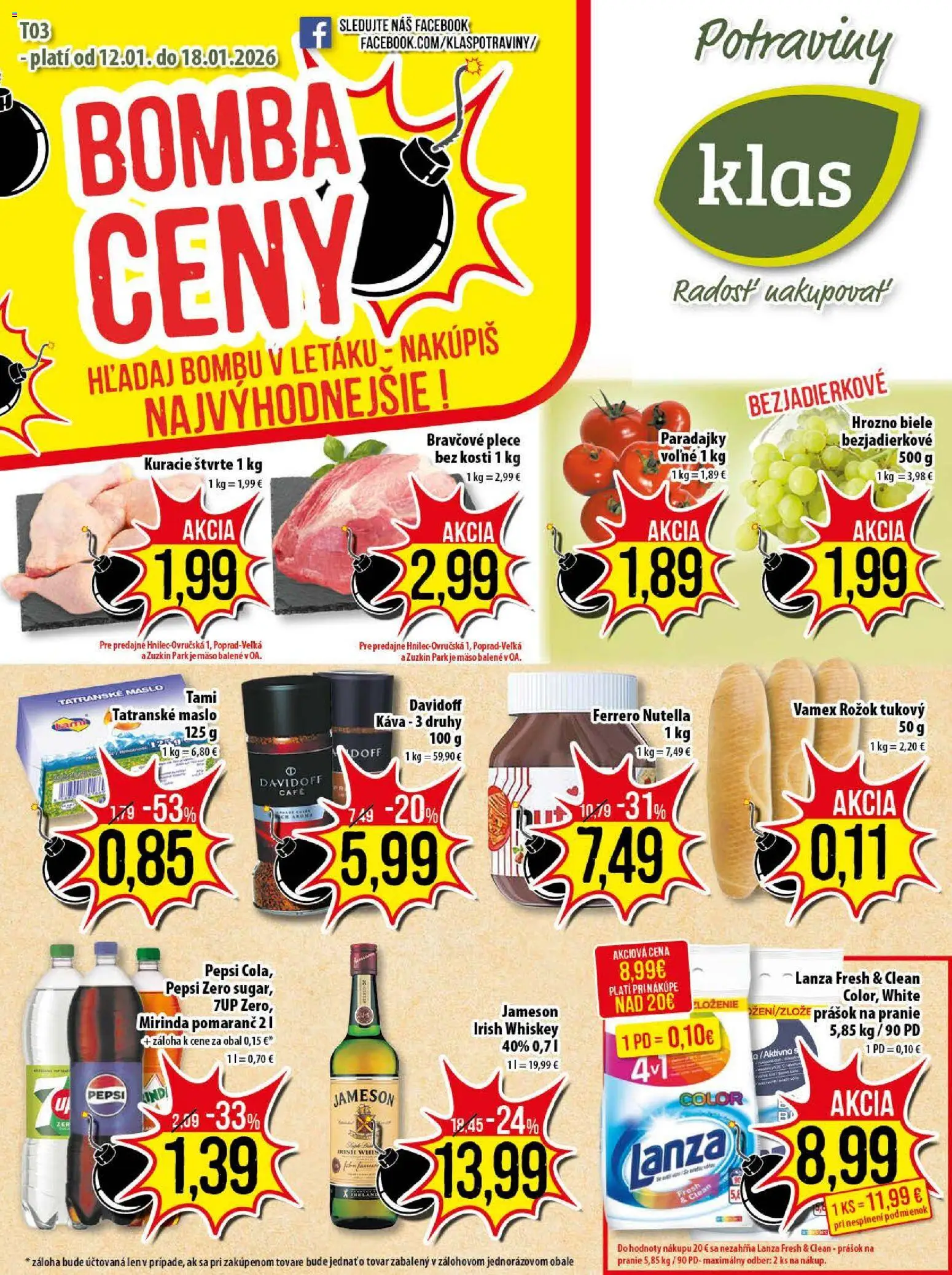 Nové Klas akcie – leták je platný od 12.01.2026 | Strana: 1 | Produkty: Jameson, Rožok, Bravčové plece, Mirinda
