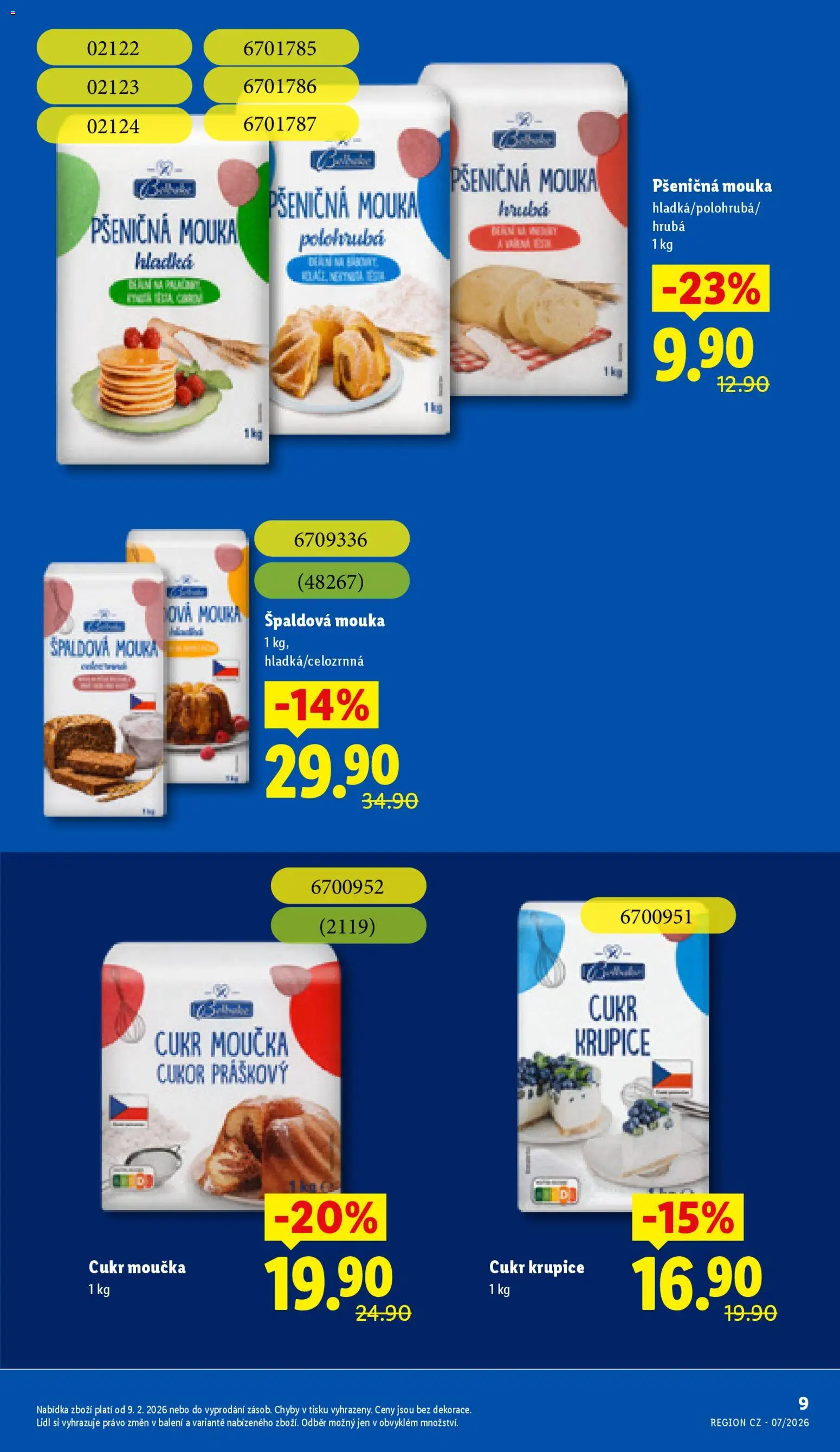 Lidl leták - Trvale snížené ceny od 11.02.2026 | Strana: 9 | Produkty: Cukr, Cukr moučka, Špaldová mouka, Semolina