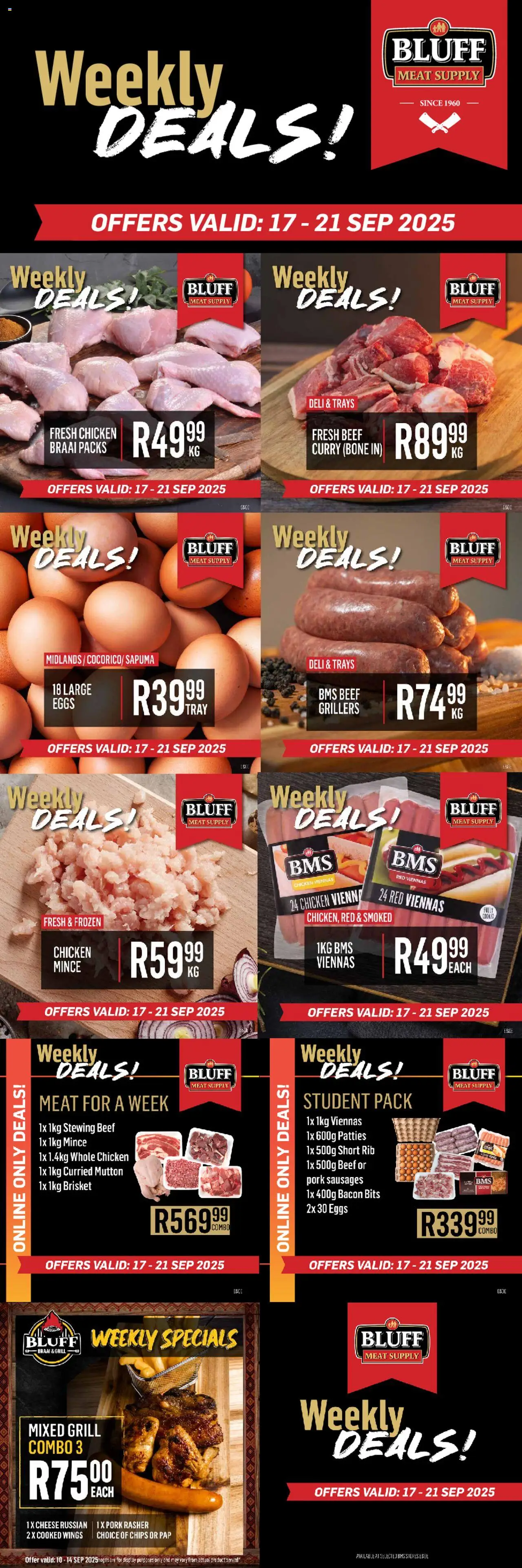 New Bluff Meat Supply catalogue – valid from 17.09.2025 | Page: 1 | Products: Eggs, Pork, Beef, Chips