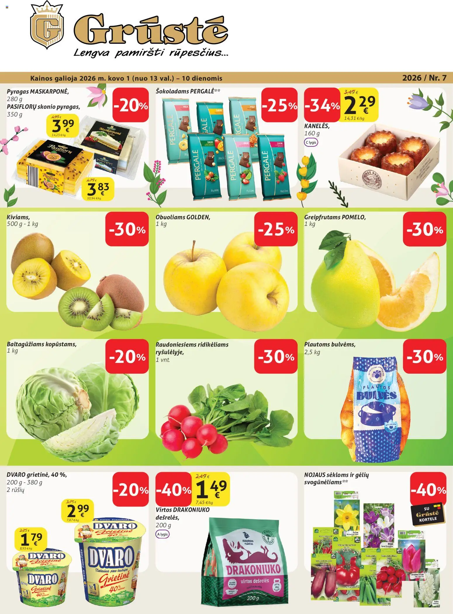 GRUSTE akcijos nuo 01.03.2026 | Puslapis: 1 | Prekių: Dešrelės, Pyragas, Grietinė