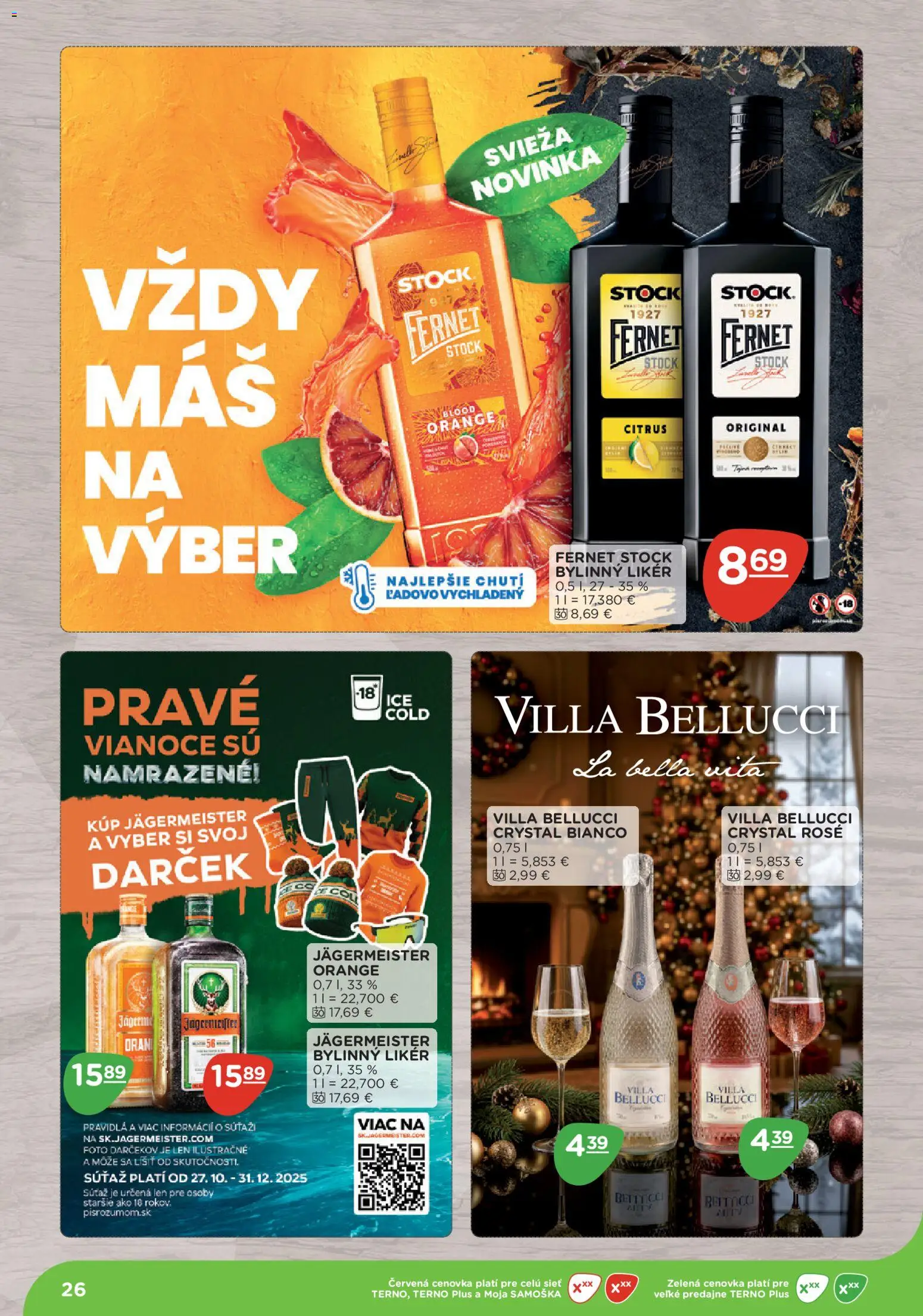 Nové Terno akcie – leták je platný od 10.11.2025 | Strana: 26 | Produkty: Jägermeister, Fernet, Fernet Stock