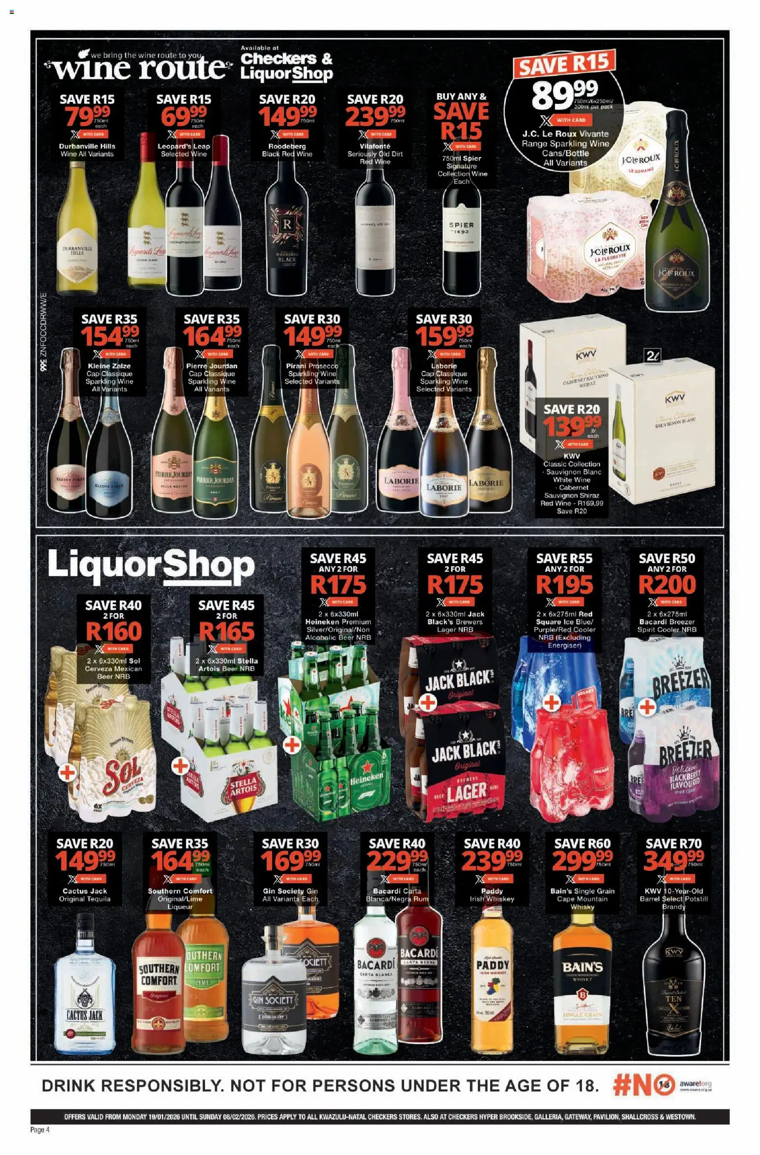New Checkers catalogue – valid from 19.01.2026 | Page: 4 | Products: Brandy, Rum, Cooler, Gin