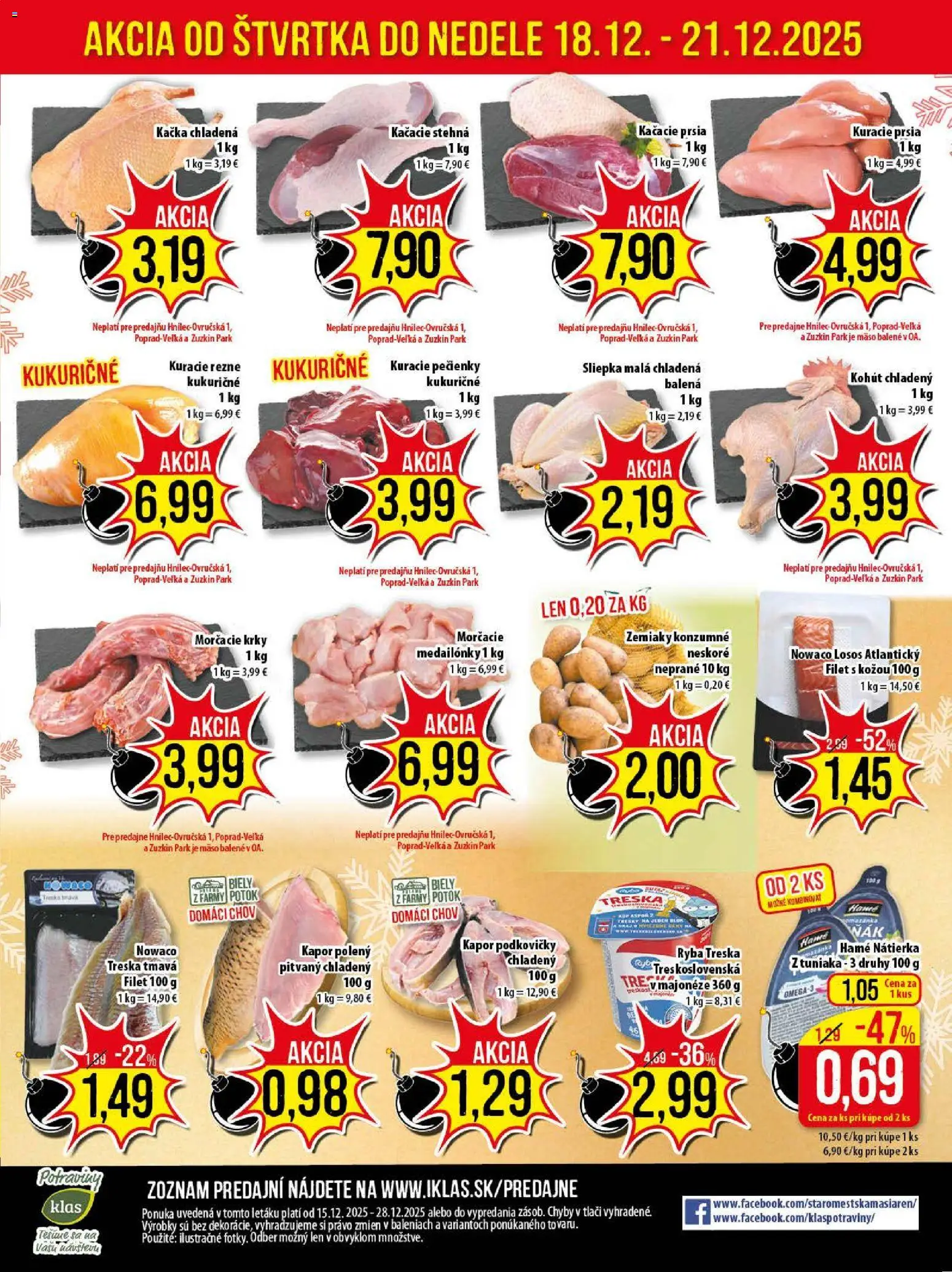 Nové Klas akcie – leták je platný od 15.12.2025 | Strana: 25 | Produkty: Kačacie prsia, Kuracie rezne, Losos, Zemiaky
