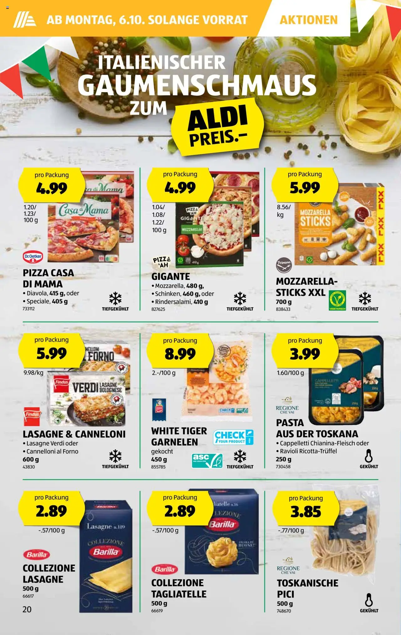 Aldi Aktionen – gültig ab 02.10.2025 | Seite: 21 | Produkte: Barilla, Garnelen, Pizza, Pasta