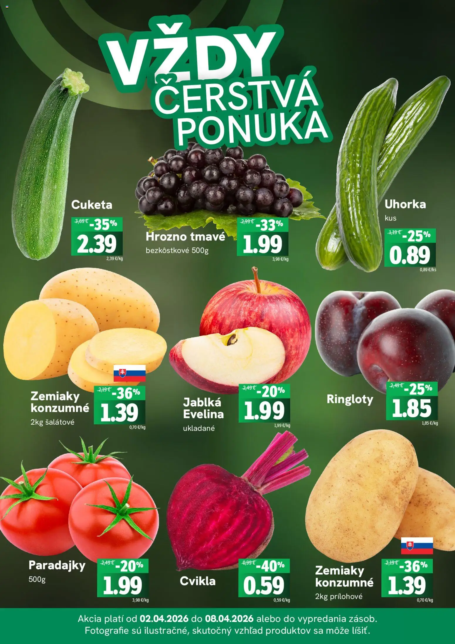 Nové Fresh akcie – leták je platný od 02.04.2026 | Strana: 3 | Produkty: Jablká, Paradajky, Cuketa, Hrozno
