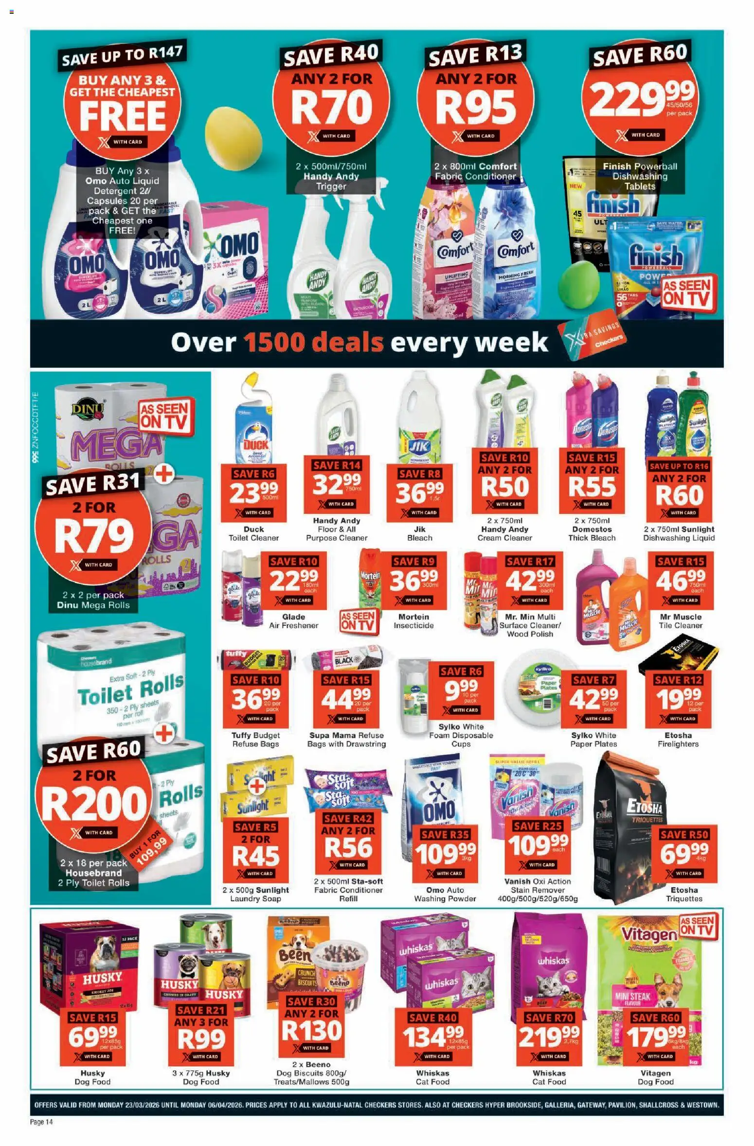 New Checkers catalogue – valid from 23.03.2026 | Page: 14 | Products: Toilet, Biscuits, Refuse bags, Dog food