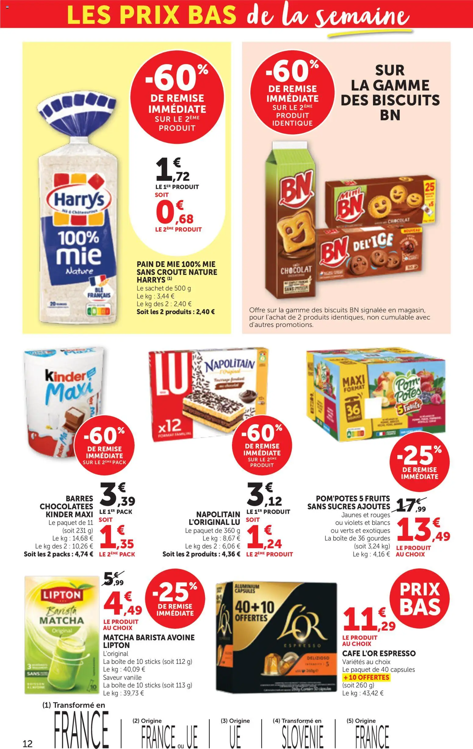 {H1} | Page: 12 | Produits: Pom'potes, Kinder maxi, Pain de mie, Café