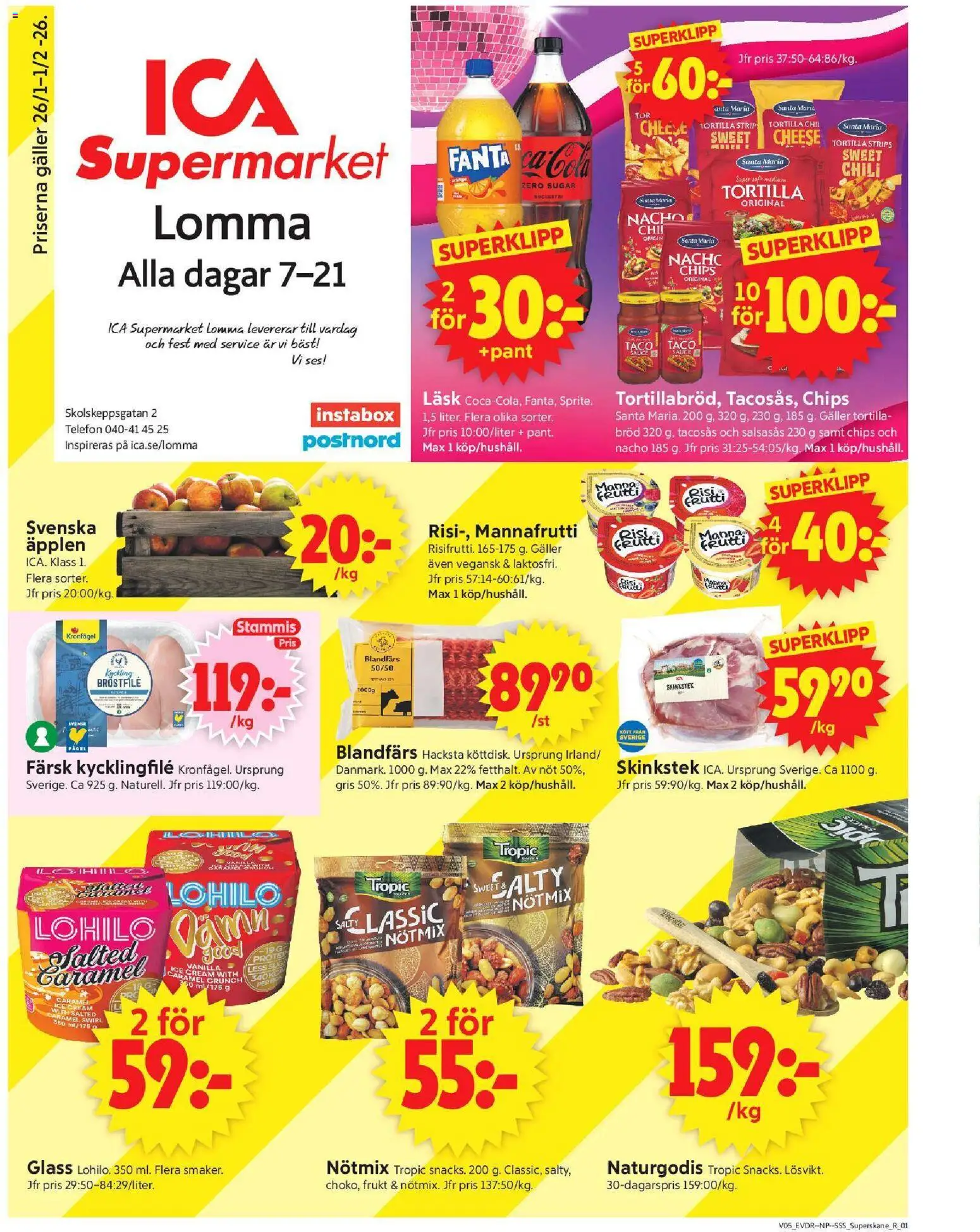 ICA Supermarket reklamblad aktuell från 26.01.2026 | Sida: 1 | Produkter: Tortilla, Kycklingfile, Fanta, Chili