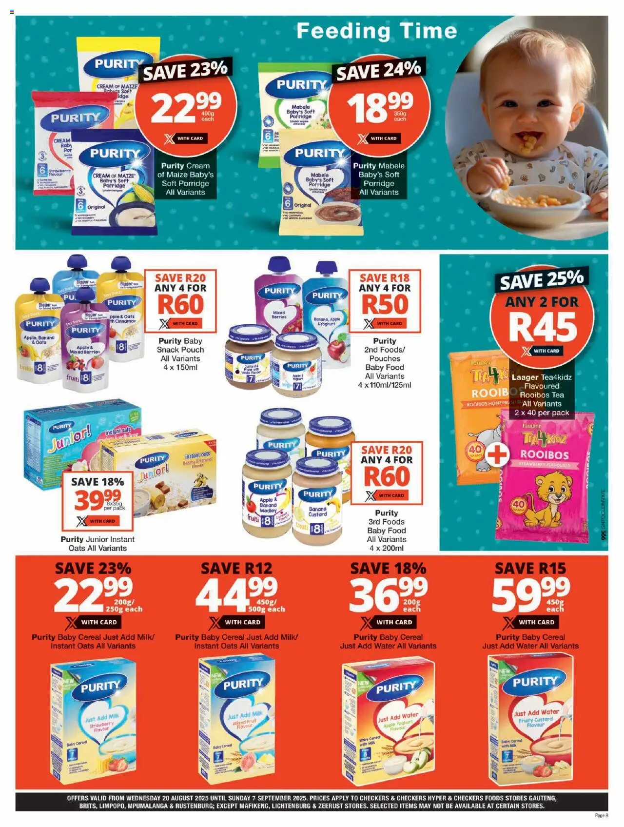 Checkers Gauteng - Baby Promotion │ valid from 20.08.2025 | Page: 9 | Products: Milk, Oats, Tea, Water