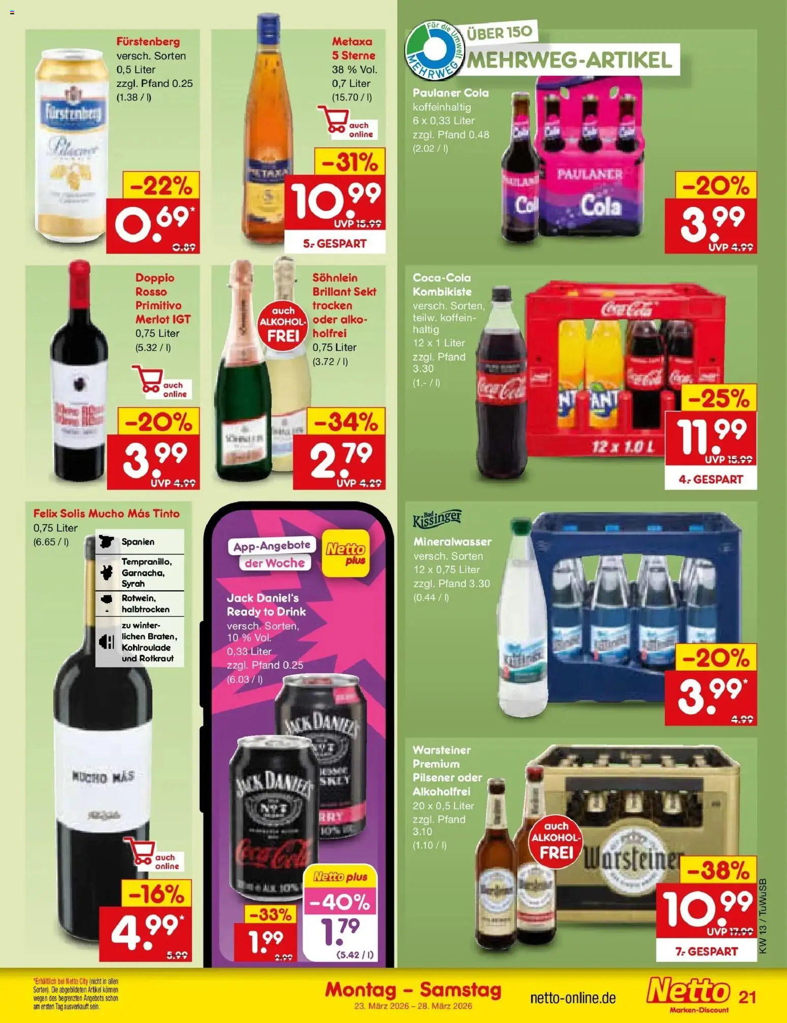 Netto Marken-Discount Prospekt Calw-Stammheim	 – gültig ab 23.03.2026 | Seite: 23 | Produkte: Sekt, Jack Daniel's, Mineralwasser, Paulaner