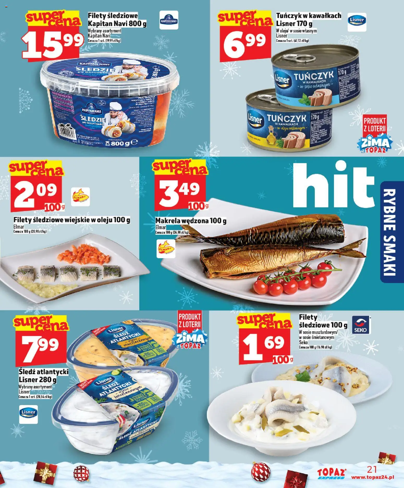 Topaz Gazetka - Express od 11.12.2025 | Strona: 21 | Produkty: Śledzie lisner, Śledź, Makrela, Tuńczyk