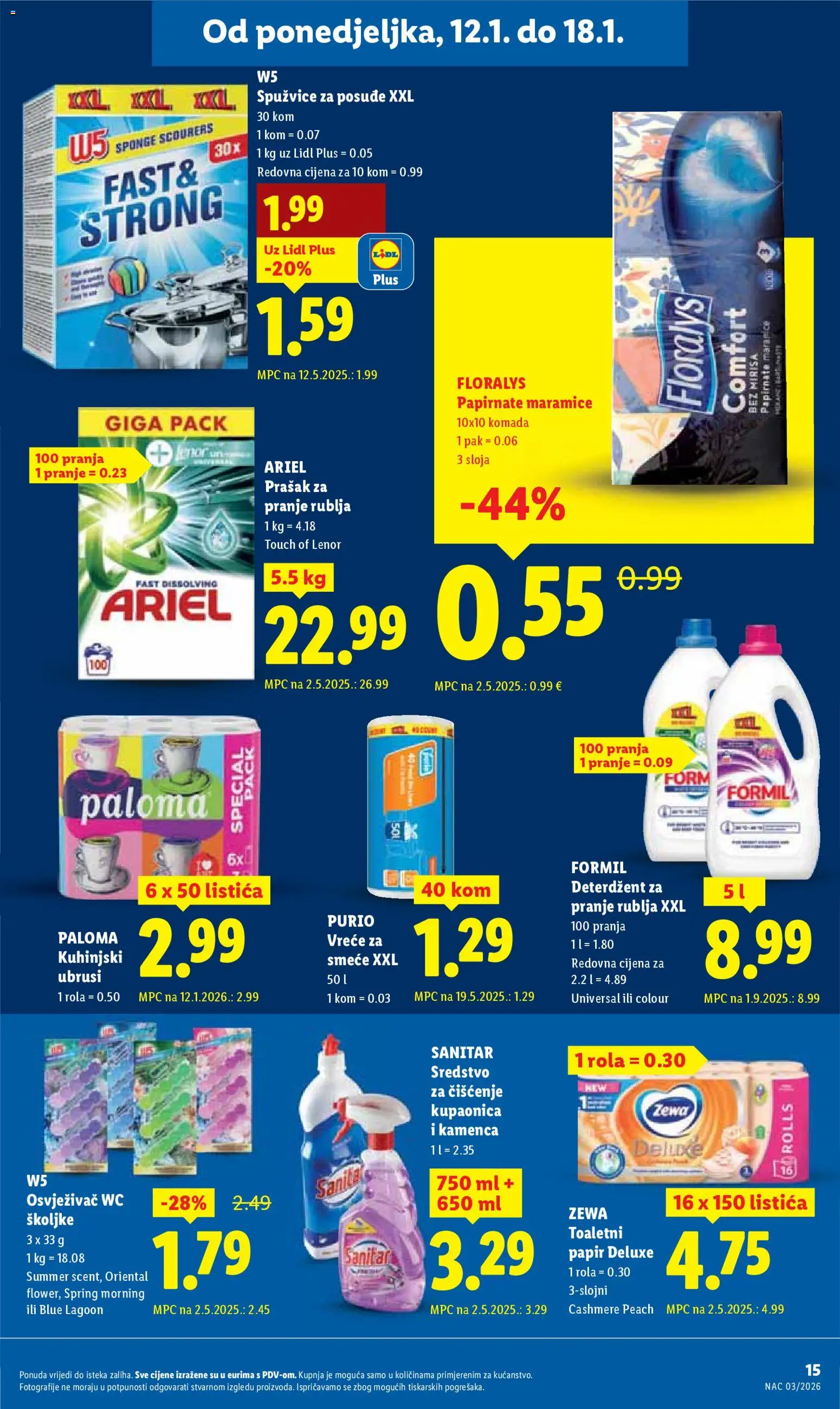 Lidl katalog | vrijedi od 12.01.2026 | Stranica: 15 | Proizvodi: Deterdžent za pranje rublja, Toaletni papir, Zewa, Ariel