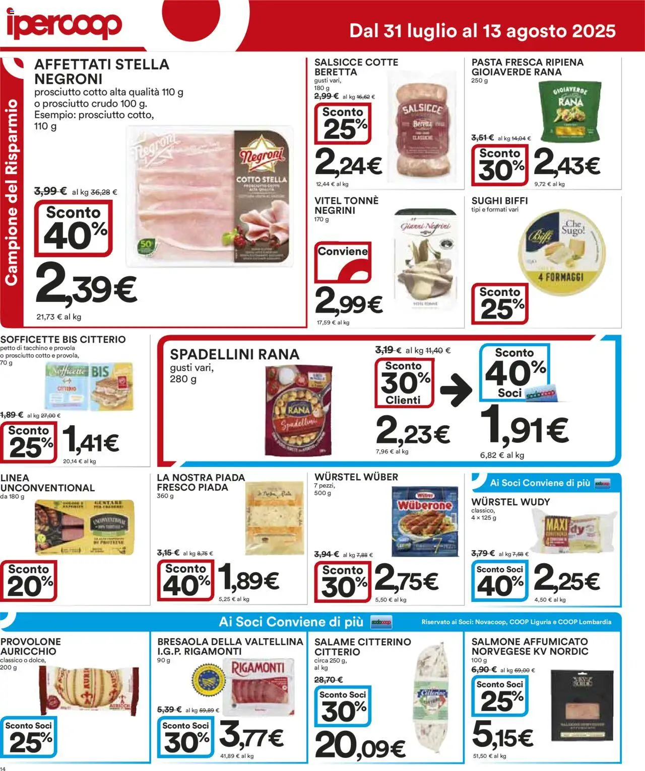 Volantino Ipercoop del 31.07.2025 | Pagina: 14 | Prodotti: Salmone affumicato, Prosciutto Crudo, Tacchino, Provola