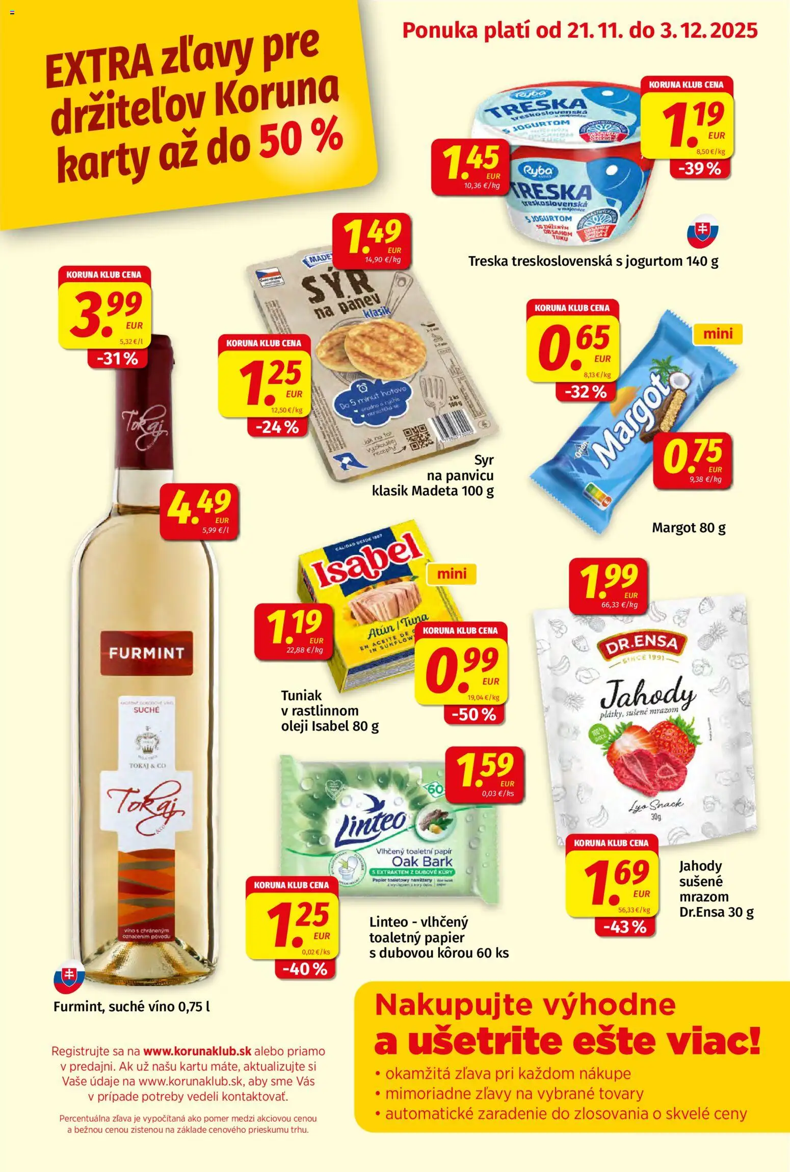 Nové Koruna akcie – leták je platný od 21.11.2025 | Strana: 1 | Produkty: Tuniak, Víno, Ryba, Jahody