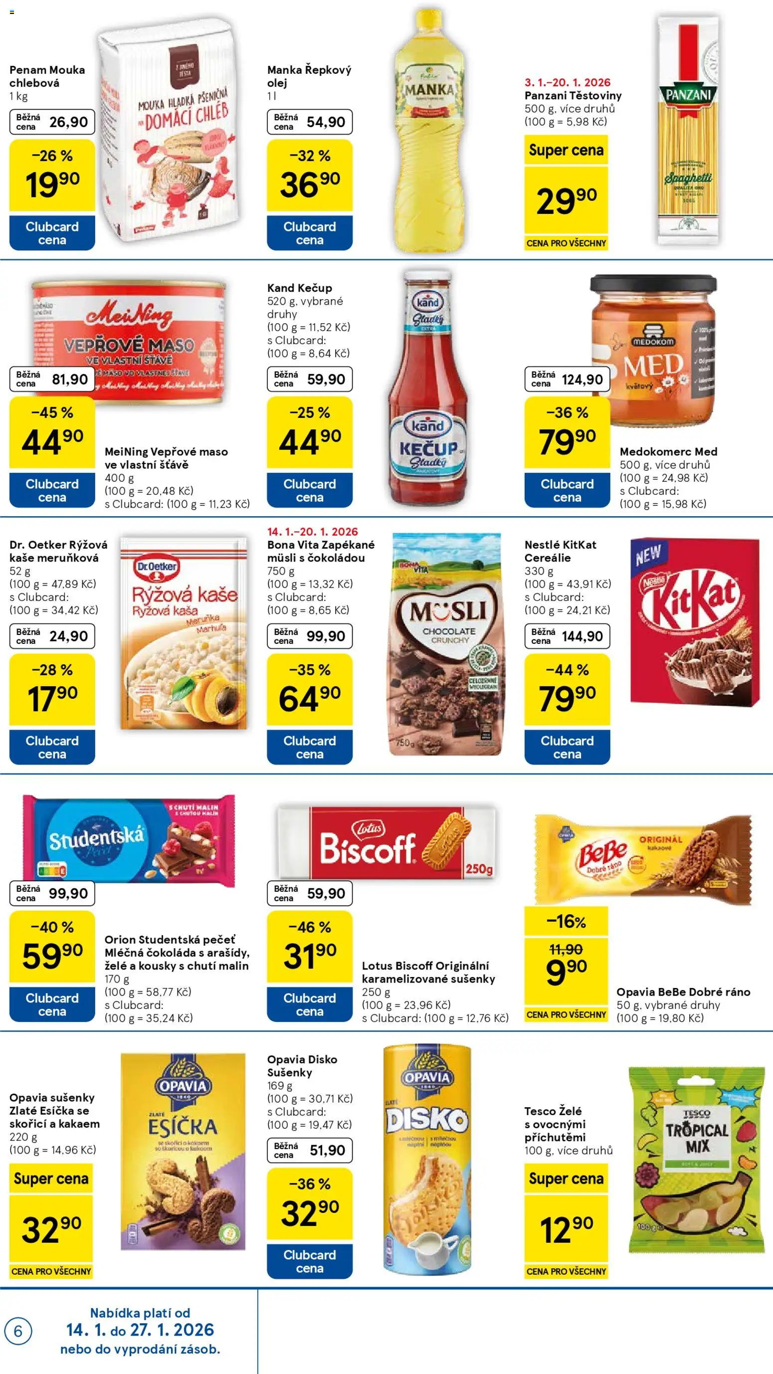 Tesco leták - Supermarket od 14.01.2026 | Strana: 6 | Produkty: Vepřové maso, Med, Řepkový olej manka, Orion Studentská pečeť