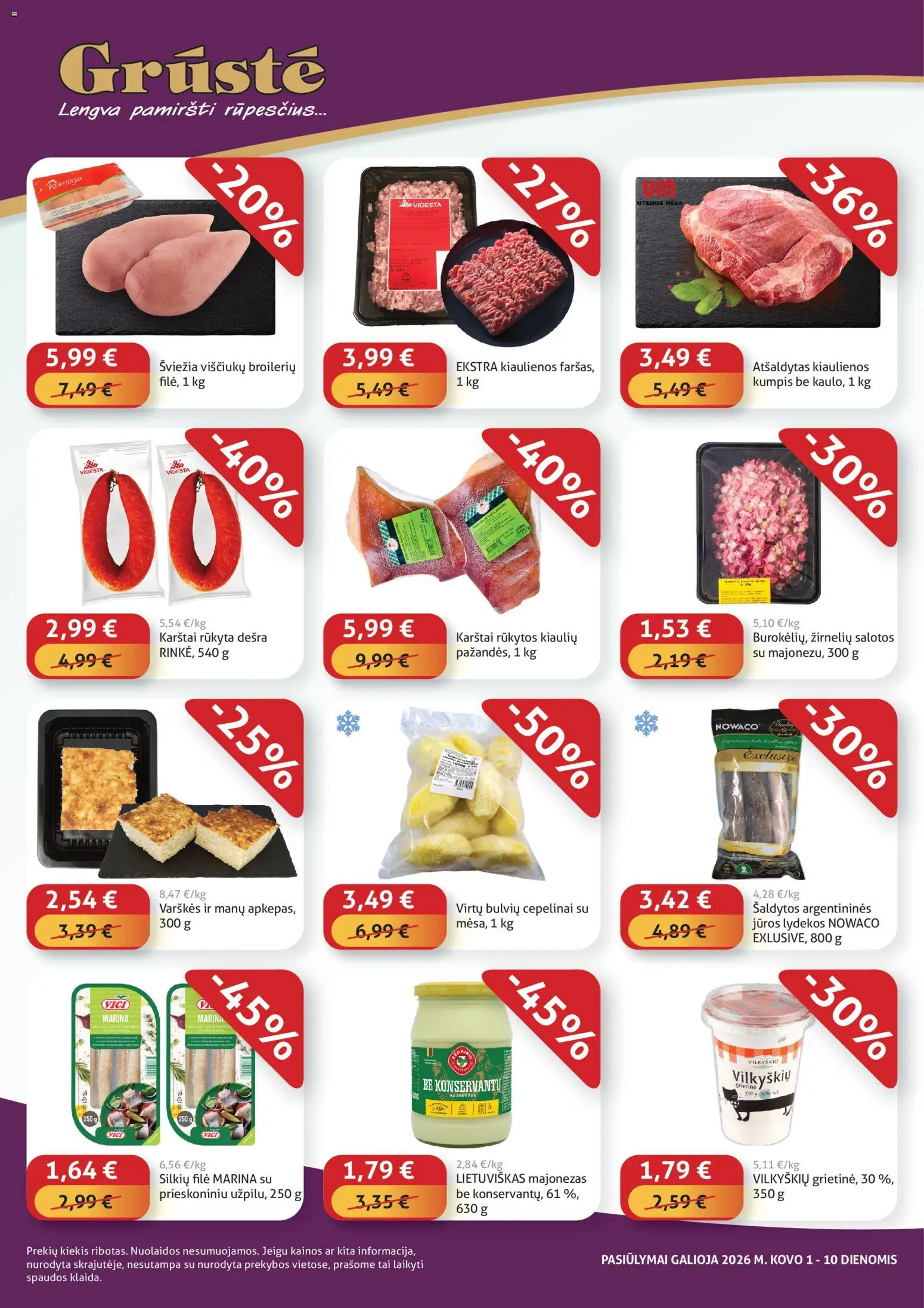 GRUSTE akcijos nuo 01.03.2026 | Puslapis: 2 | Prekių: Kiaulienos, Majonezas, Kumpis, Dešra