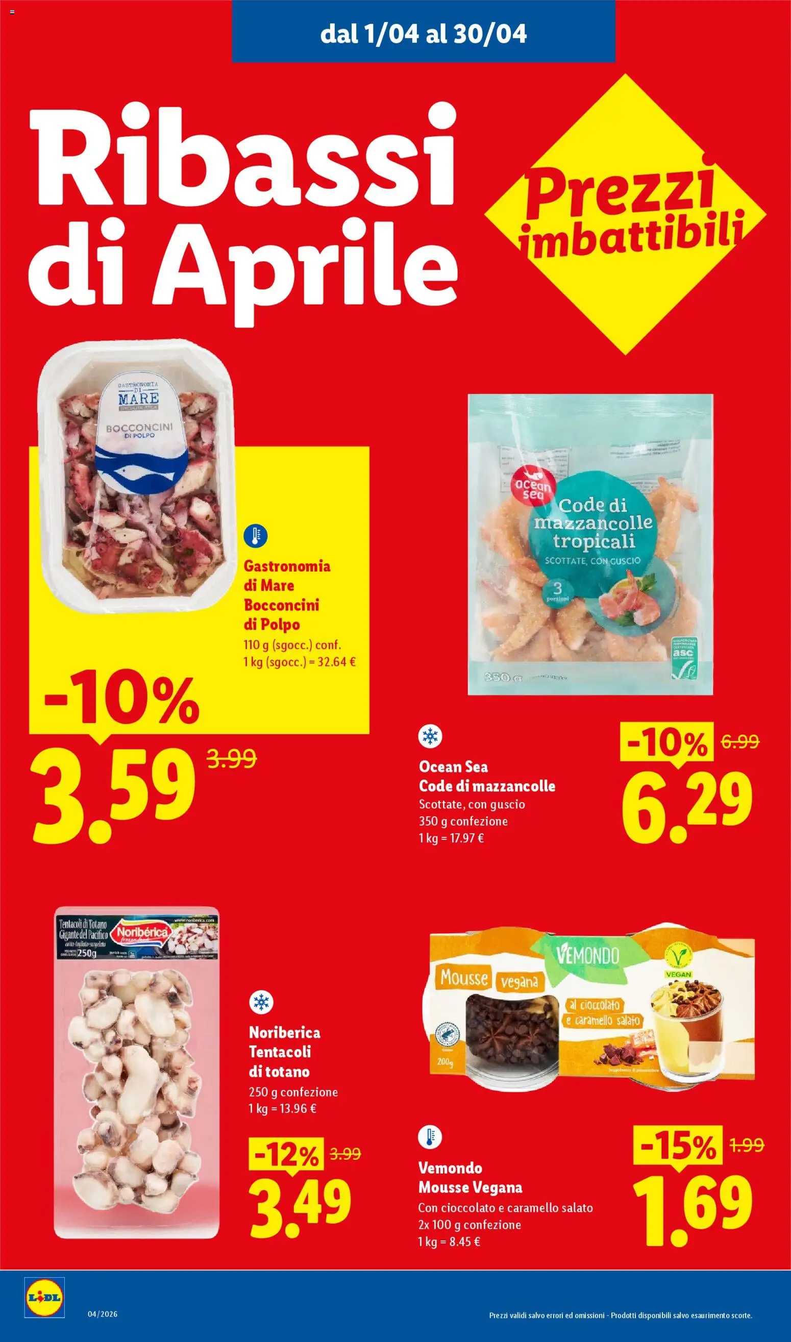 Volantino Lidl del 01.04.2026 | Pagina: 4 | Prodotti: Cioccolato, Polpo, Mazzancolle, Totano