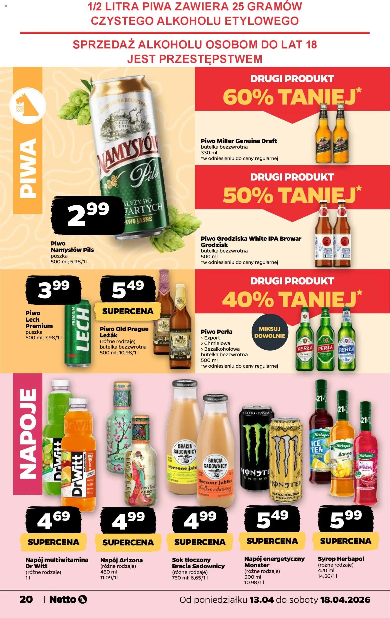 Netto gazetka od poniedziałku spożywcza od 13.04.2026 | Strona: 20 | Produkty: Syrop, Leżak, Piwo perła, Sok