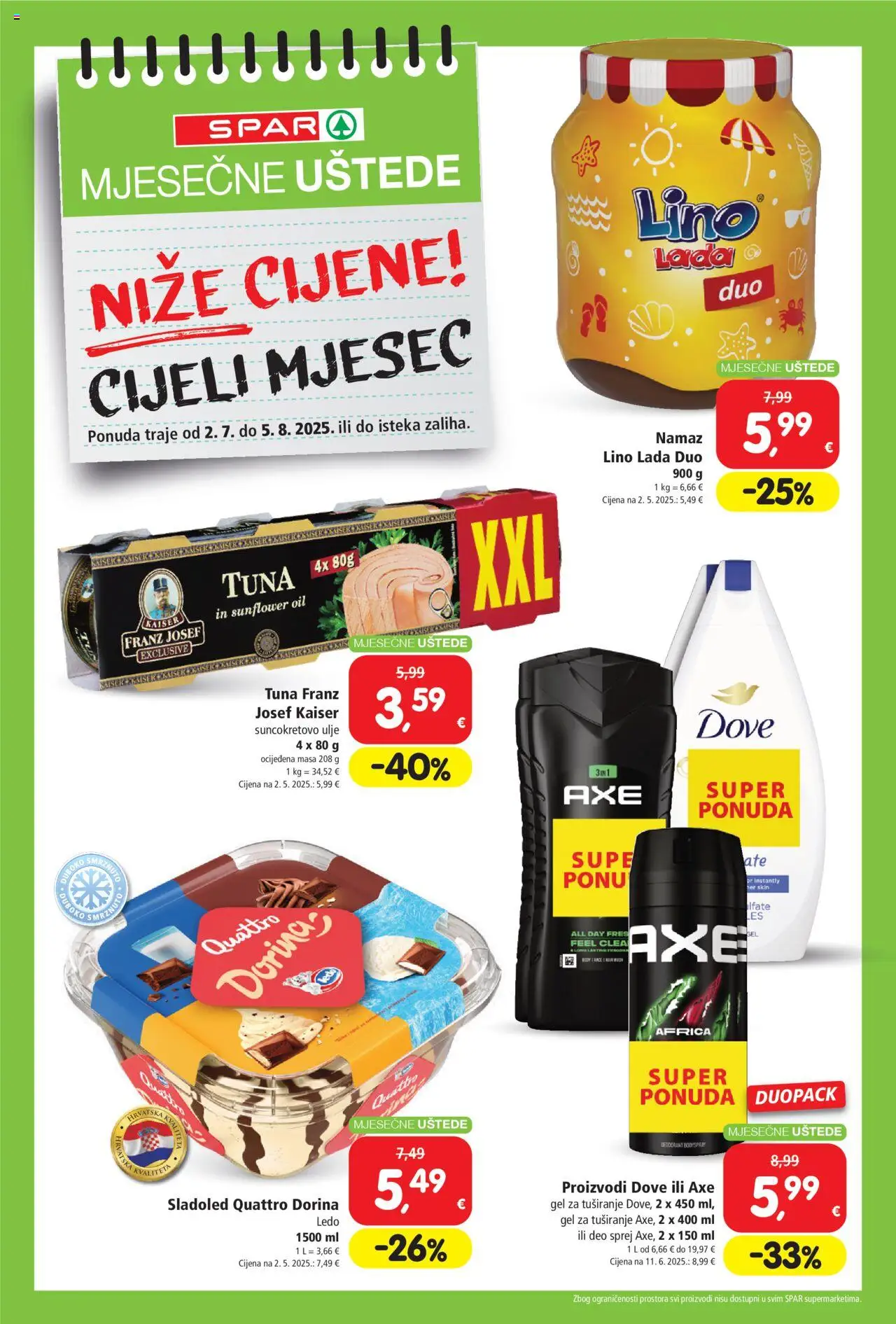 Spar katalog | vrijedi od 02.07.2025 | Stranica: 1 | Proizvodi: Ledo, Sladoled, Dove, Namaz