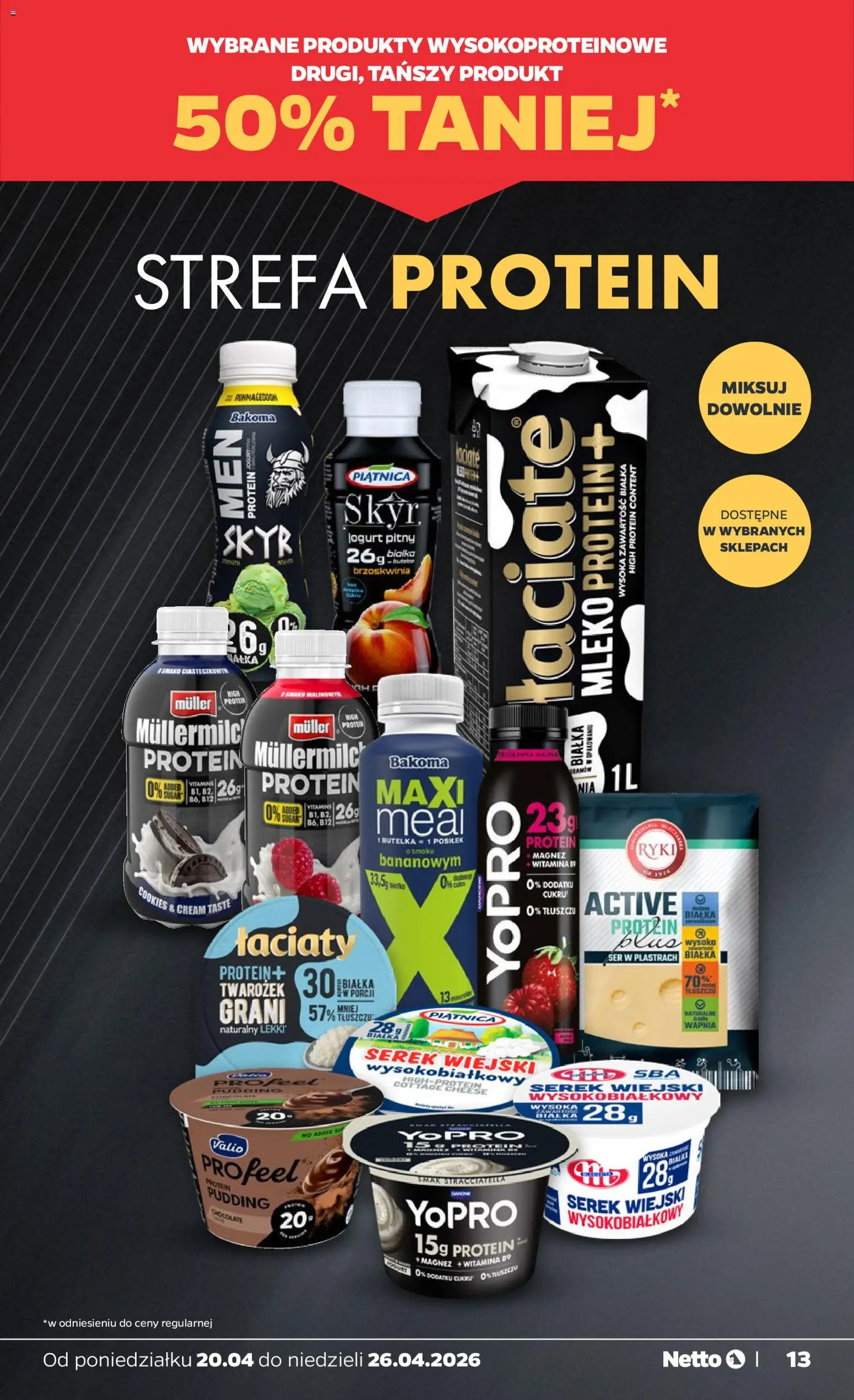 Netto gazetka od poniedziałku spożywcza od 20.04.2026 | Strona: 13 | Produkty: Jogurt pitny, Serek wiejski, Mleko, Skyr