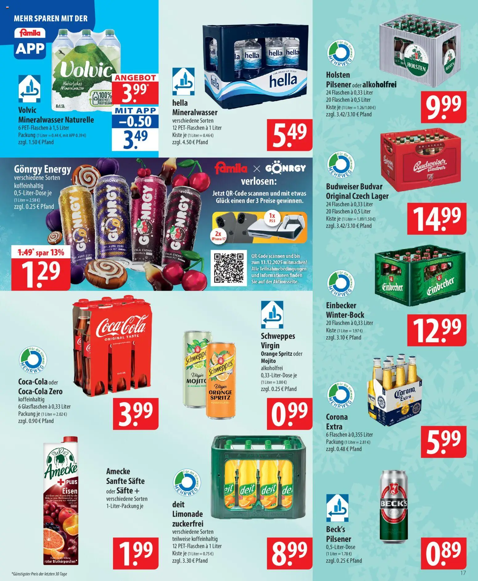 Famila Prospekt 	 – gültig ab 01.12.2025 | Seite: 17 | Produkte: Cola, Energy, Schweppes, Budweiser
