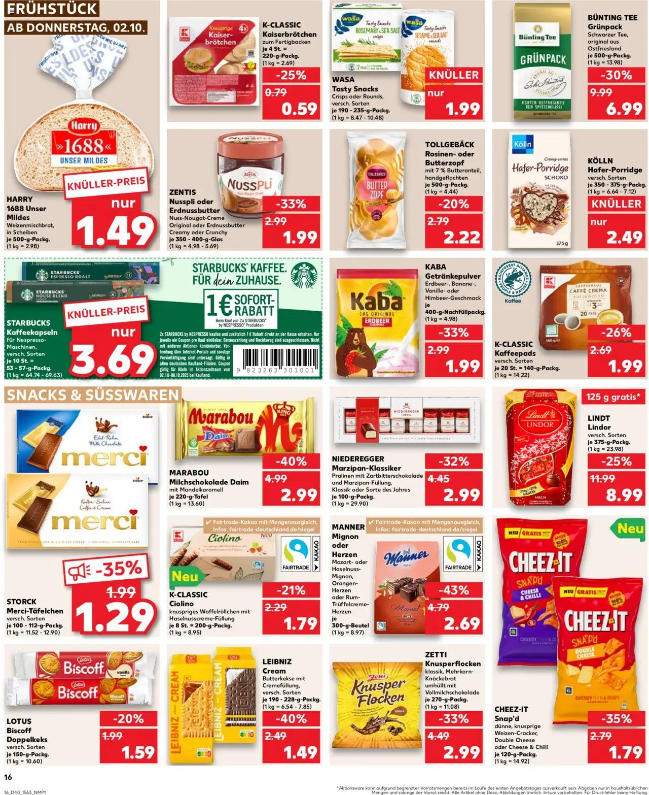 Kaufland prospekt Kiel	 – gültig ab 02.10.2025 | Seite: 16 | Produkte: Kaffeepads, Butter, Starbucks, Butterkekse