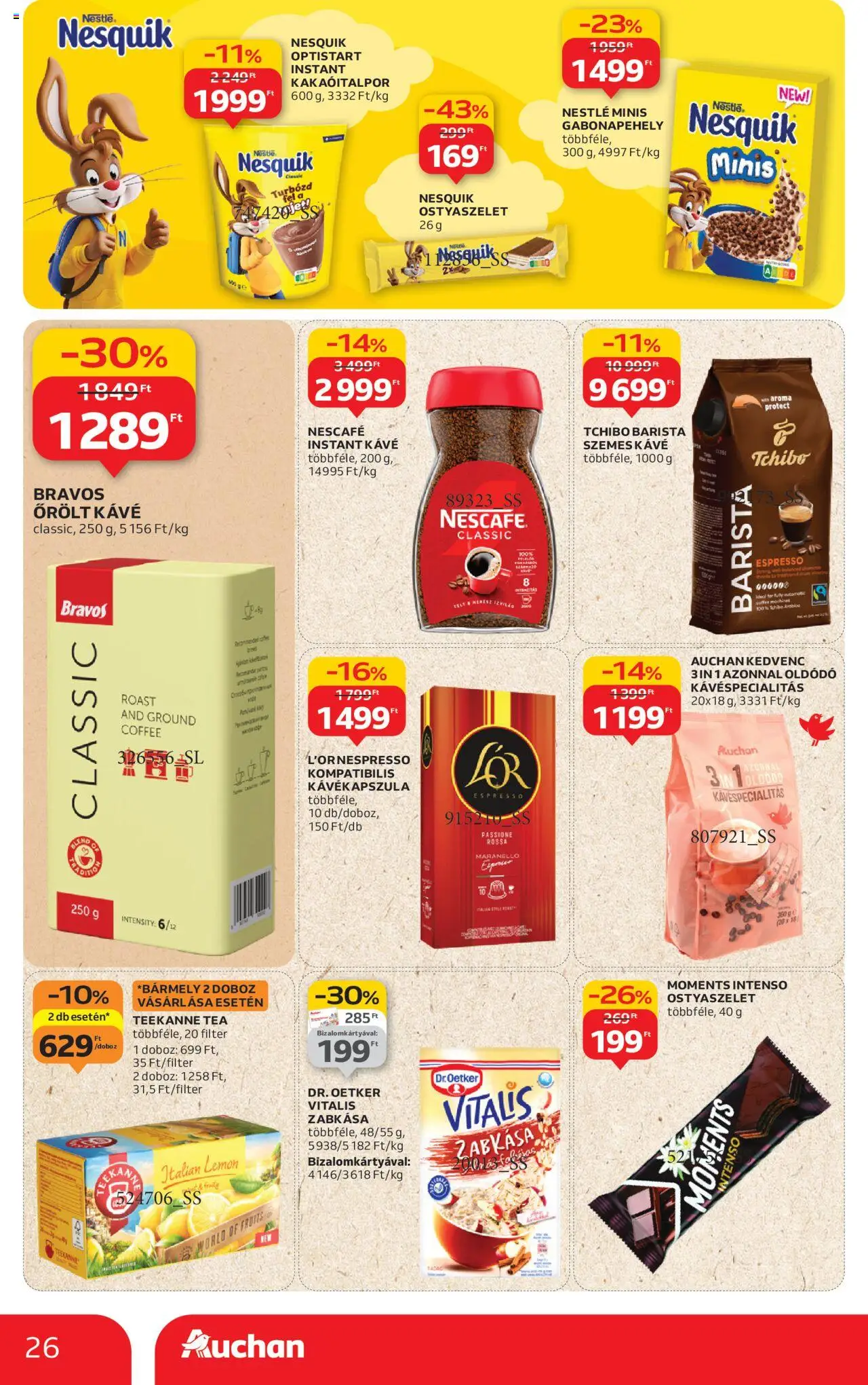 Auchan akciós ujság - amely érvényes a következő dátumtól: 28.08.2025 | Oldal: 26 | Termékek: Nesquik, Tea, Őrölt kávé, Instant kávé