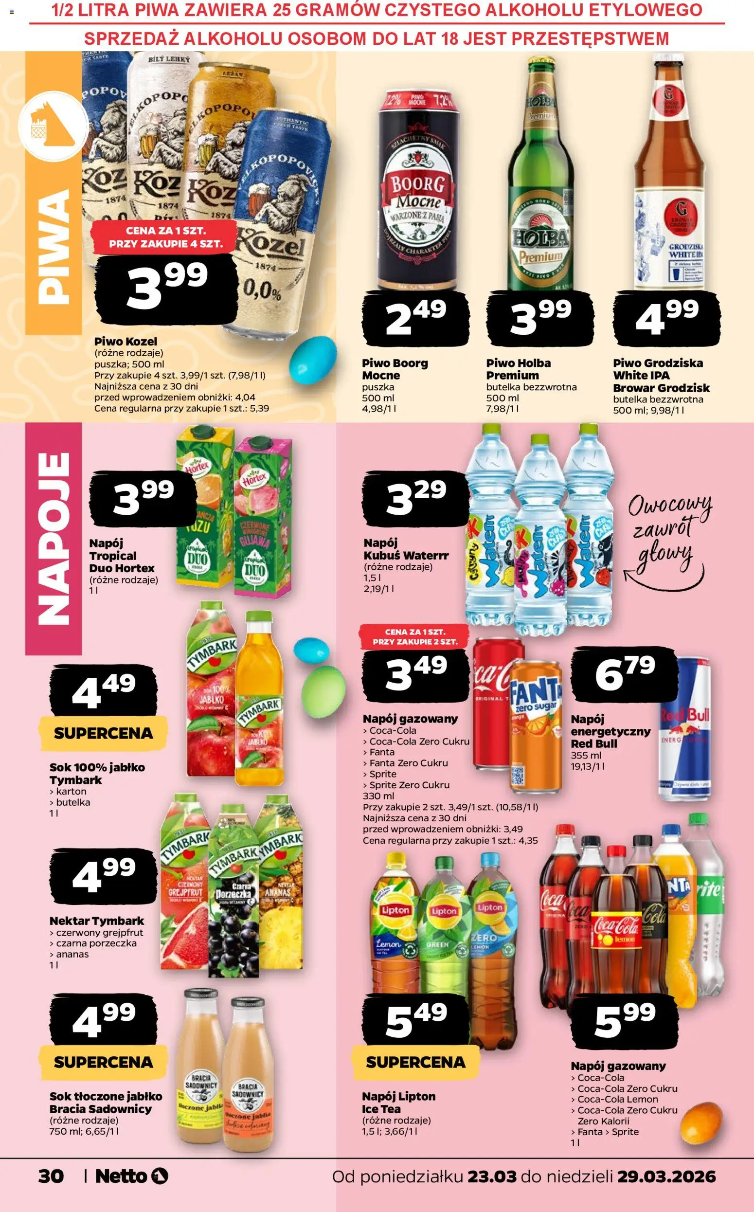 Netto gazetka od poniedziałku spożywcza od 23.03.2026 | Strona: 30 | Produkty: Napoje, Porzeczka, Piwo, Grejpfrut