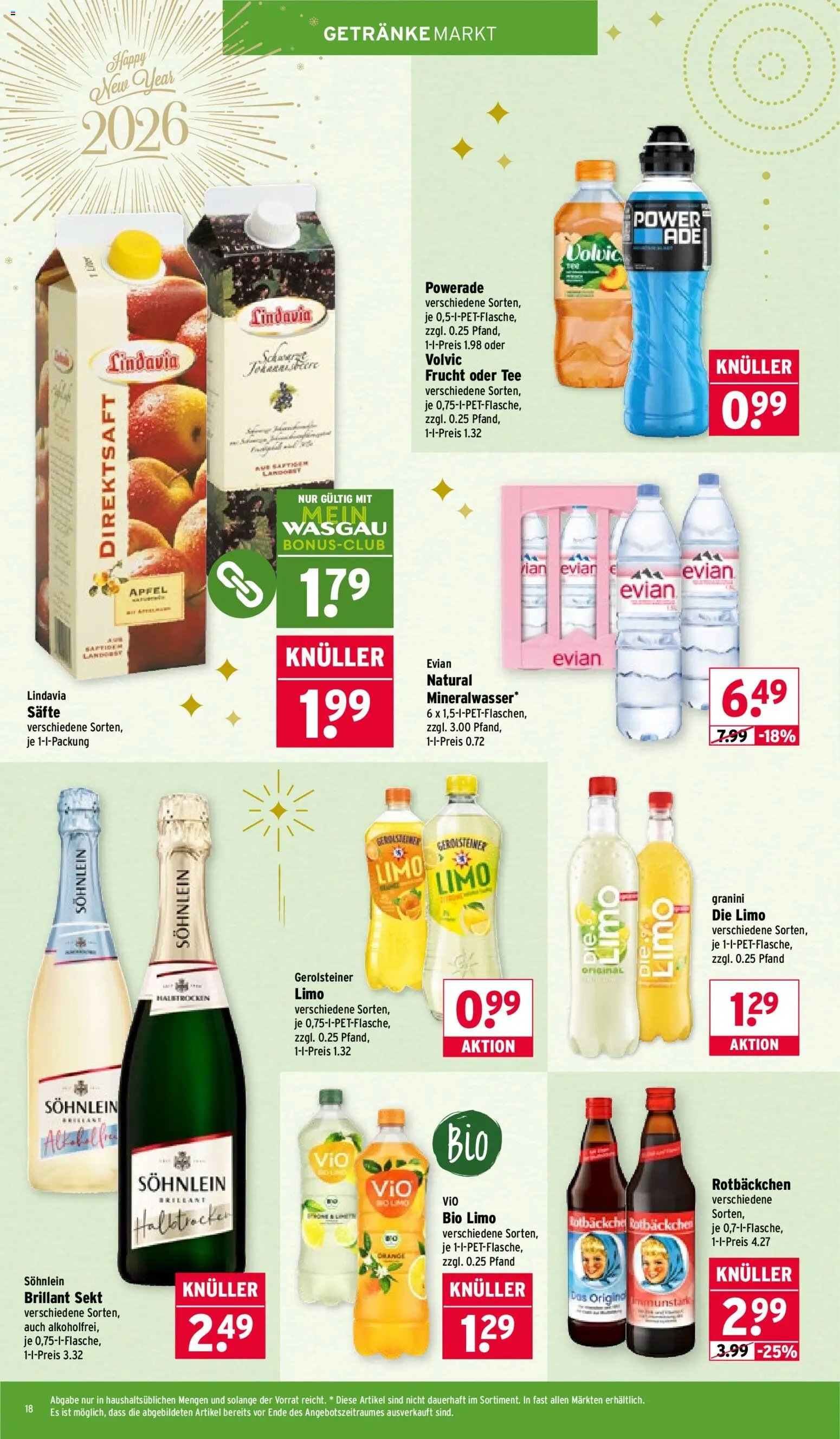 Wasgau Prospekt 	 – gültig ab 29.12.2025 | Seite: 18 | Produkte: Sekt, Äpfel, Powerade, Granini die limo