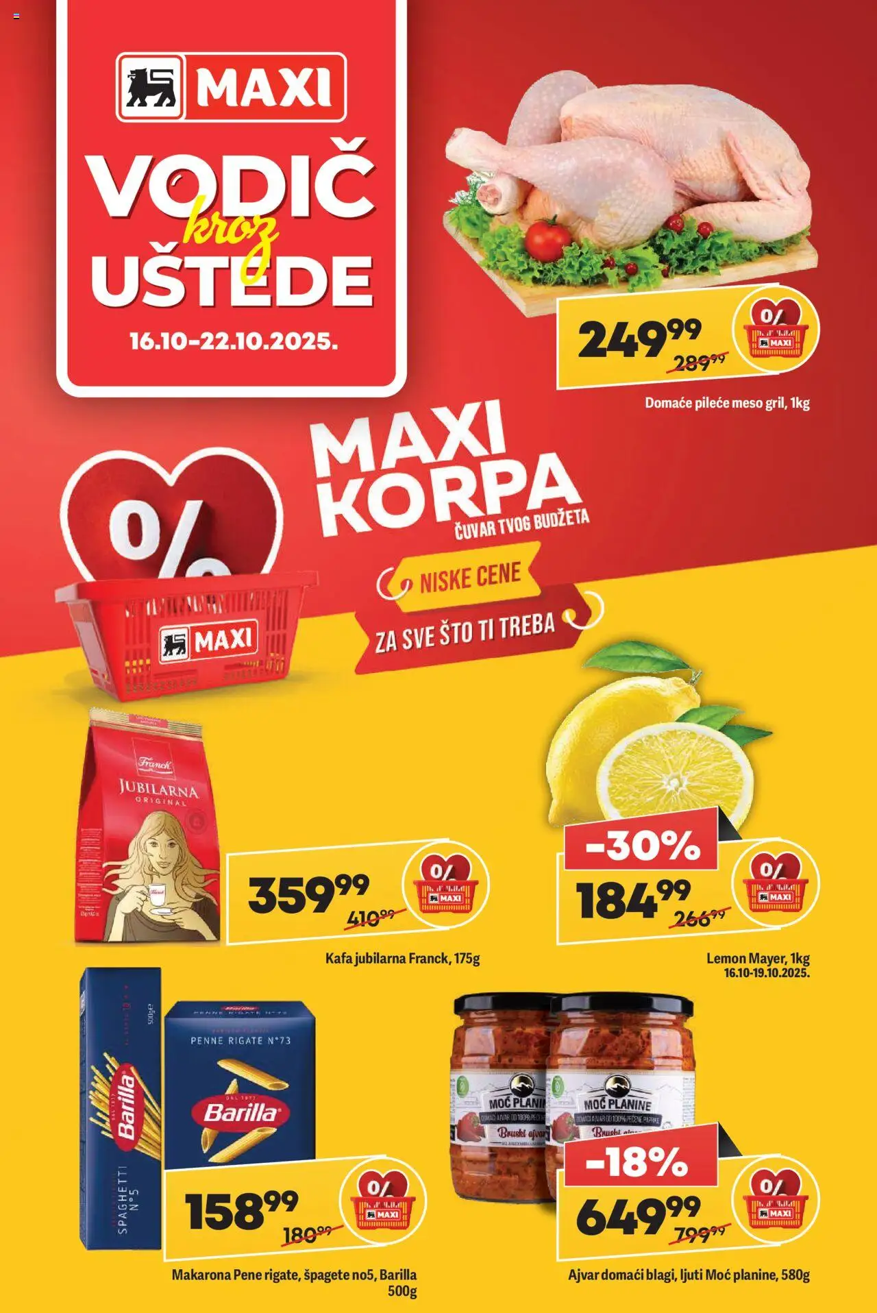 Maxi katalog - važi od 16.10.2025 | Strana: 1 | Proizvode: Ajvar, Pileće meso, Korpa, Kafa