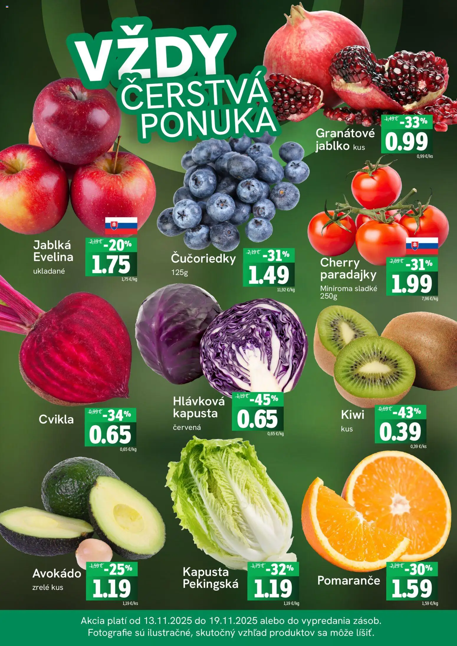 Nové Fresh akcie – leták je platný od 13.11.2025 | Strana: 3 | Produkty: Pomaranče, Čučoriedky, Kiwi, Avokádo
