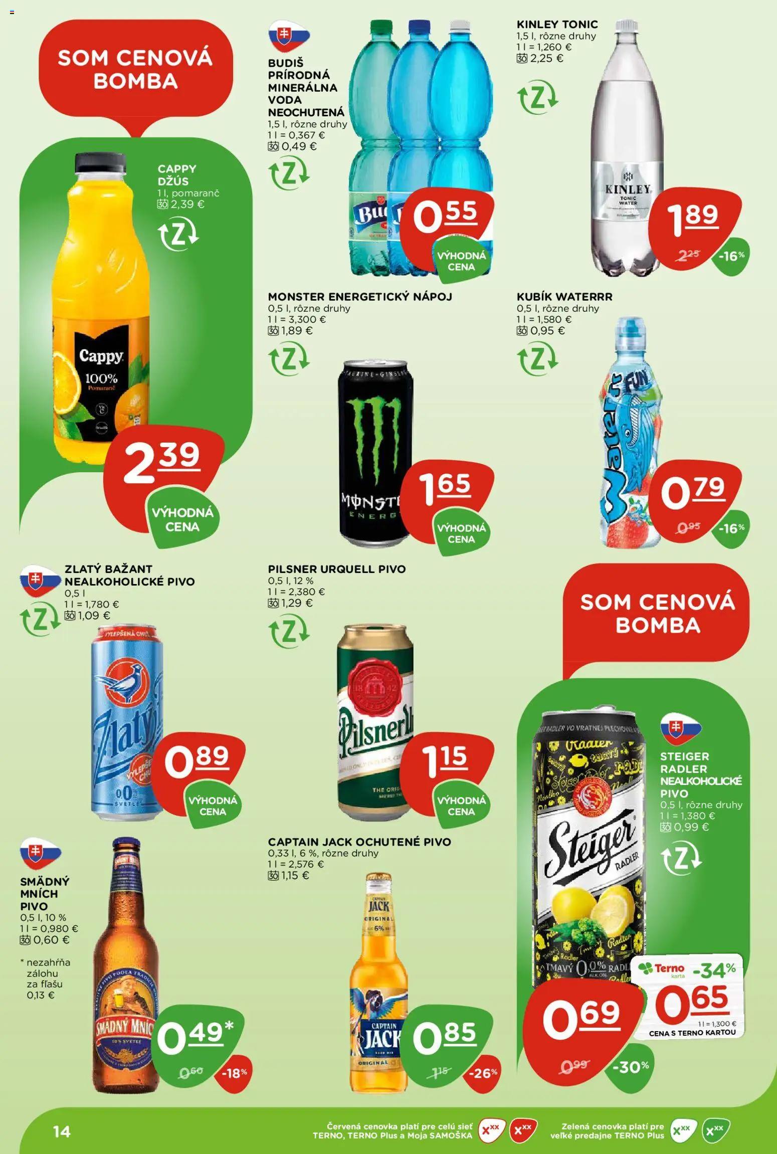 Nové Terno akcie – leták je platný od 26.03.2026 | Strana: 14 | Produkty: Pilsner Urquell, Zlatý Bažant, Nealkoholické pivo, Energetický nápoj