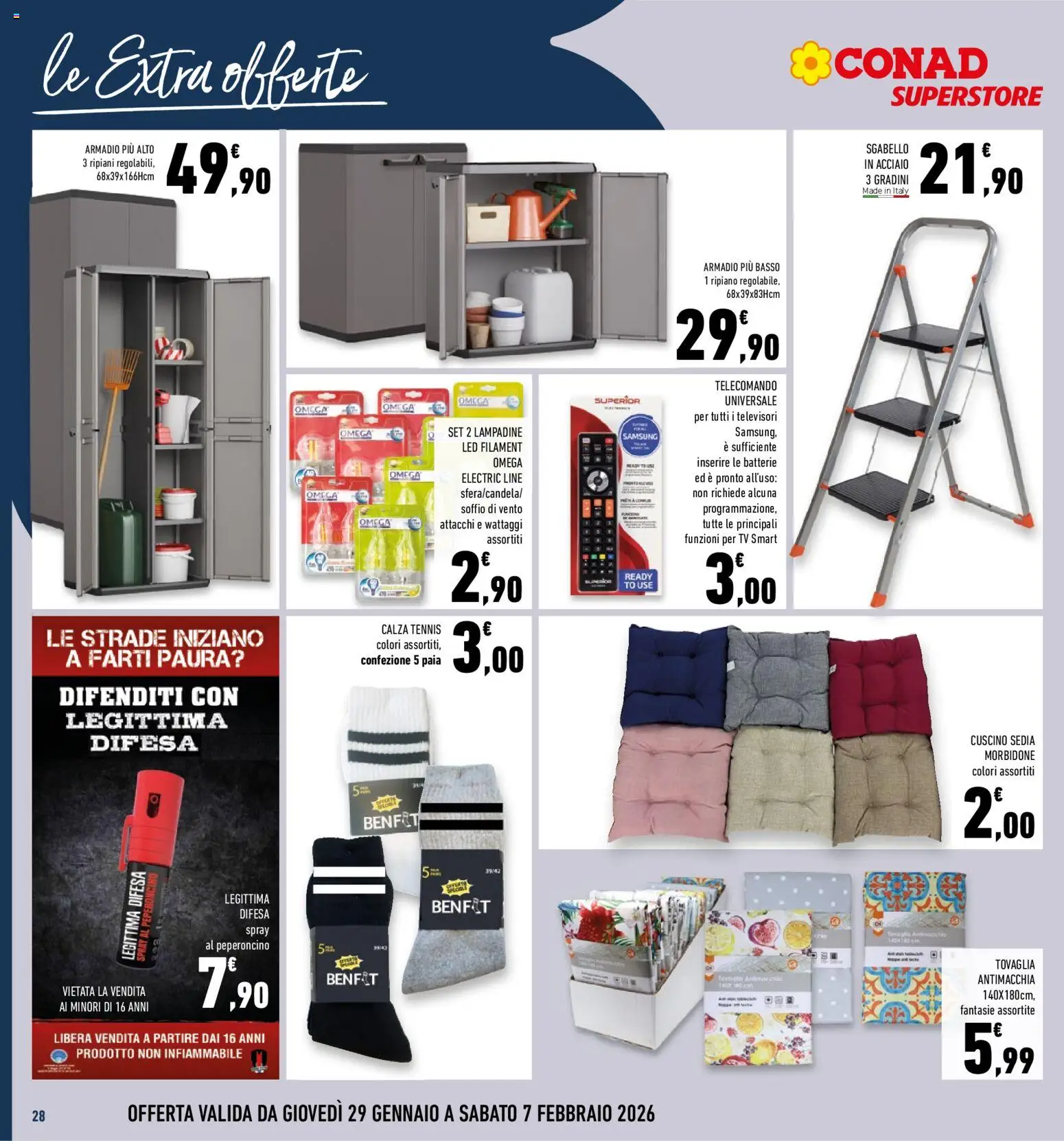Volantino Conad del 29.01.2026 | Pagina: 28 | Prodotti: Telecomando, TV, Sgabello, Tovaglia