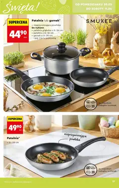 Pogląd oferty "Patelnia lub garnek*, nieprzywierająca powłoka. Do wyboru: patelnia głęboka o śr. 24 cm, patelnia o śr. 26 cm, garnek o śr. 20 cm i poj. 2,4 l z pokrywką" - ważna od 28.03.2026 | Strona: 17 | Produkty: Garnek, Patelnia