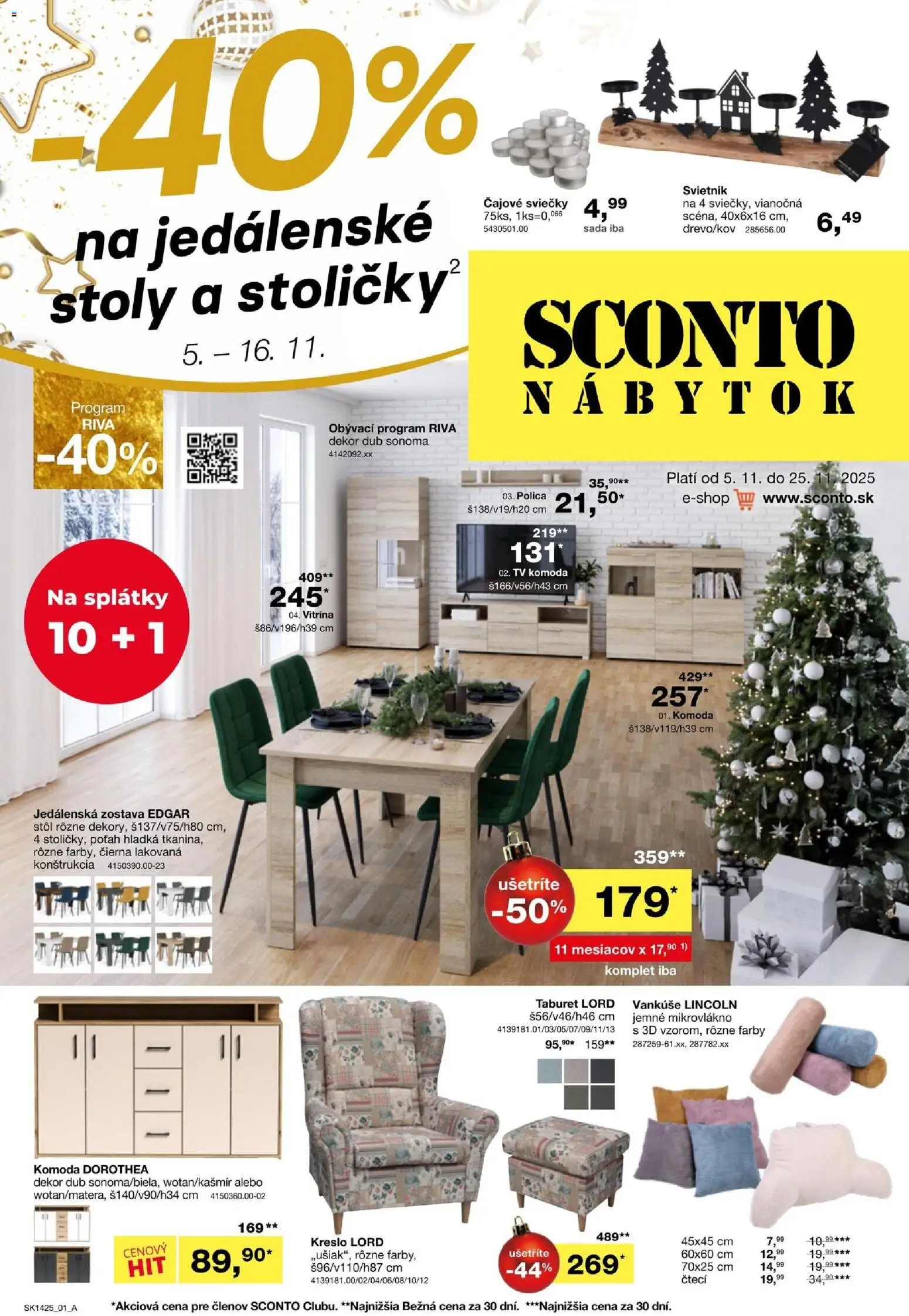 Nové Sconto nábytok akcie – leták je platný od 05.11.2025 | Strana: 1 | Produkty: Nábytok, Tv, Stoličky, Vankúše