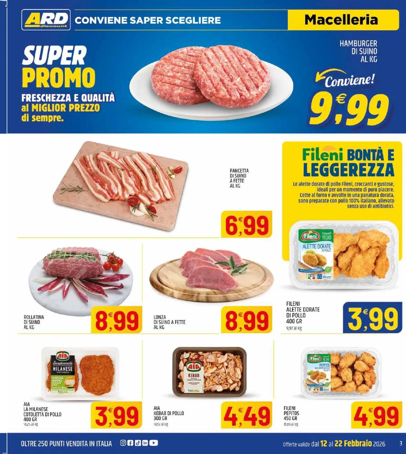 Volantino ARD Discount del 12.02.2026 | Pagina: 3 | Prodotti: Pancetta, Suino, Forno, Hamburger
