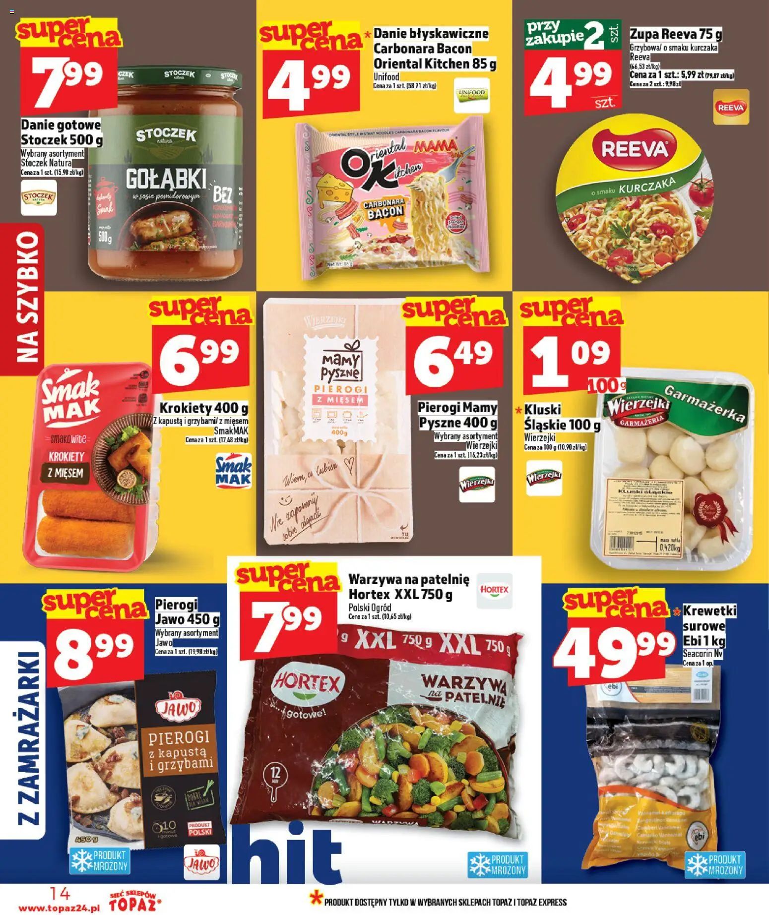 Topaz gazetka od 09.04.2026 | Strona: 14 | Produkty: Pierogi, Krewetki, Warzywa na patelnie, Zupa