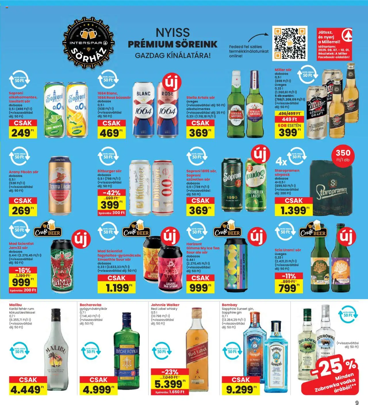 Interspar akciós ujság - amely érvényes a következő dátumtól: 07.08.2025 | Oldal: 9 | Termékek: Malibu, Miller sör, Stella artois, Whisky