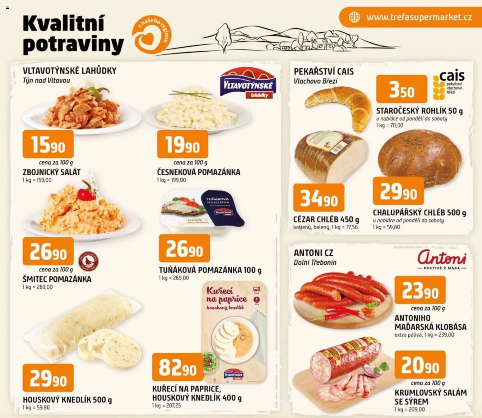 Trefa leták - Kvalitní potraviny z našeho regionu od 07.01.2026 | Strana: 1 | Produkty: Salám, Tuňáková pomazánka, Klobása, Potraviny