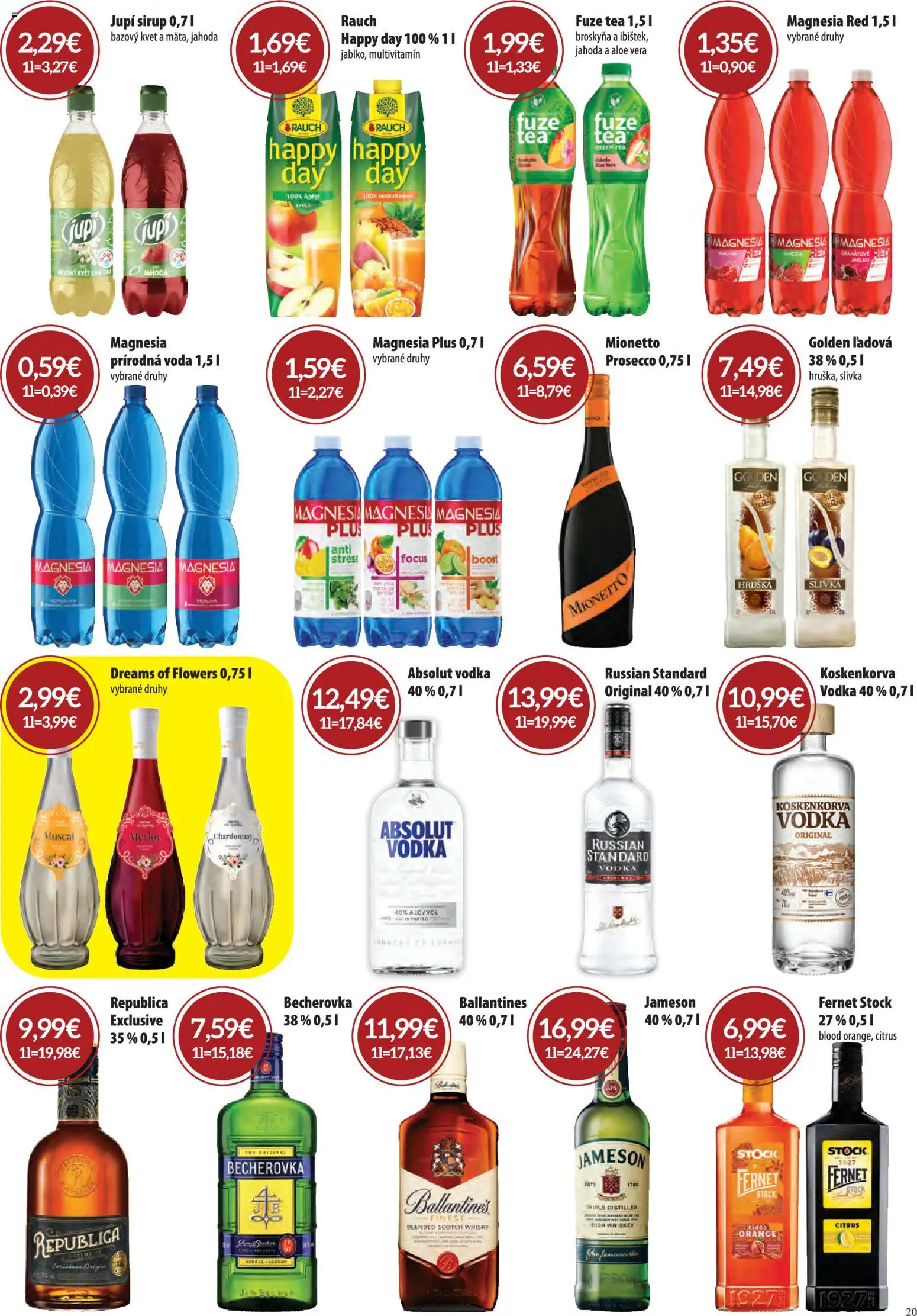 Nové CBA Komfos akcie – leták je platný od 05.03.2026 | Strana: 20 | Produkty: Prosecco, Voda, Fernet Stock, Ballantines