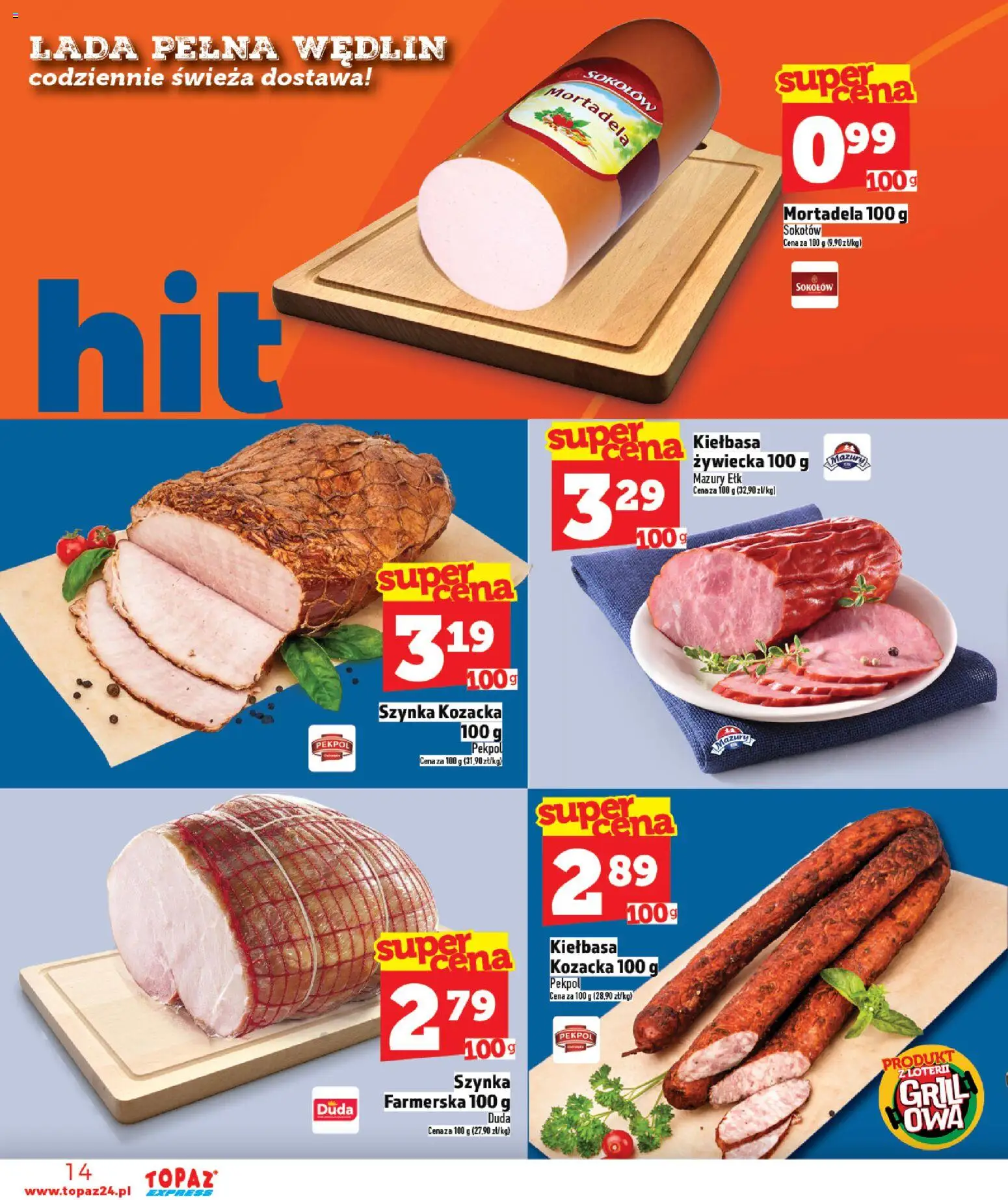 Topaz gazetka - Express od 30.04.2026 | Strona: 14 | Produkty: Kiełbasa, Mortadela, Grill, Szynka