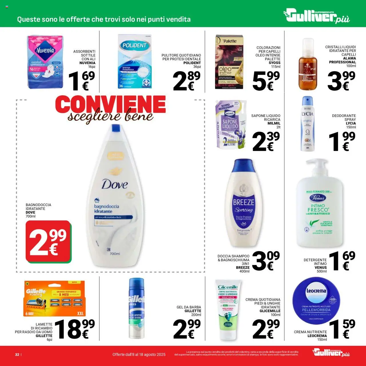Volantino Gulliver del 08.08.2025 | Pagina: 32 | Prodotti: Crema, Sapone, Detergente, Talco